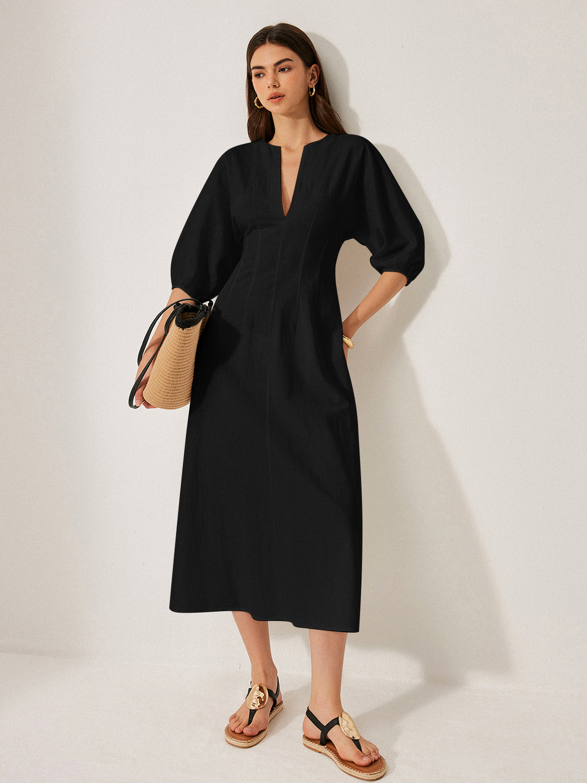 Cotton & Linen Puff Sleeve Dress Without Belt-Chicvia