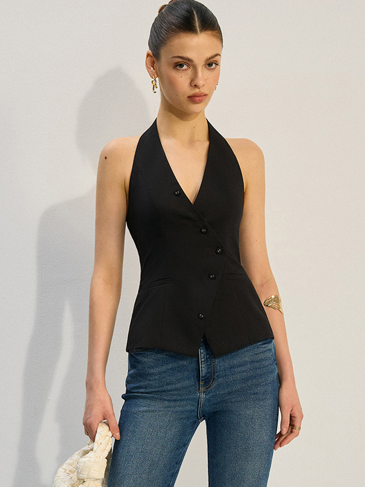 Halter Neck Asymmetric Buttoned Vest-Chicvia
