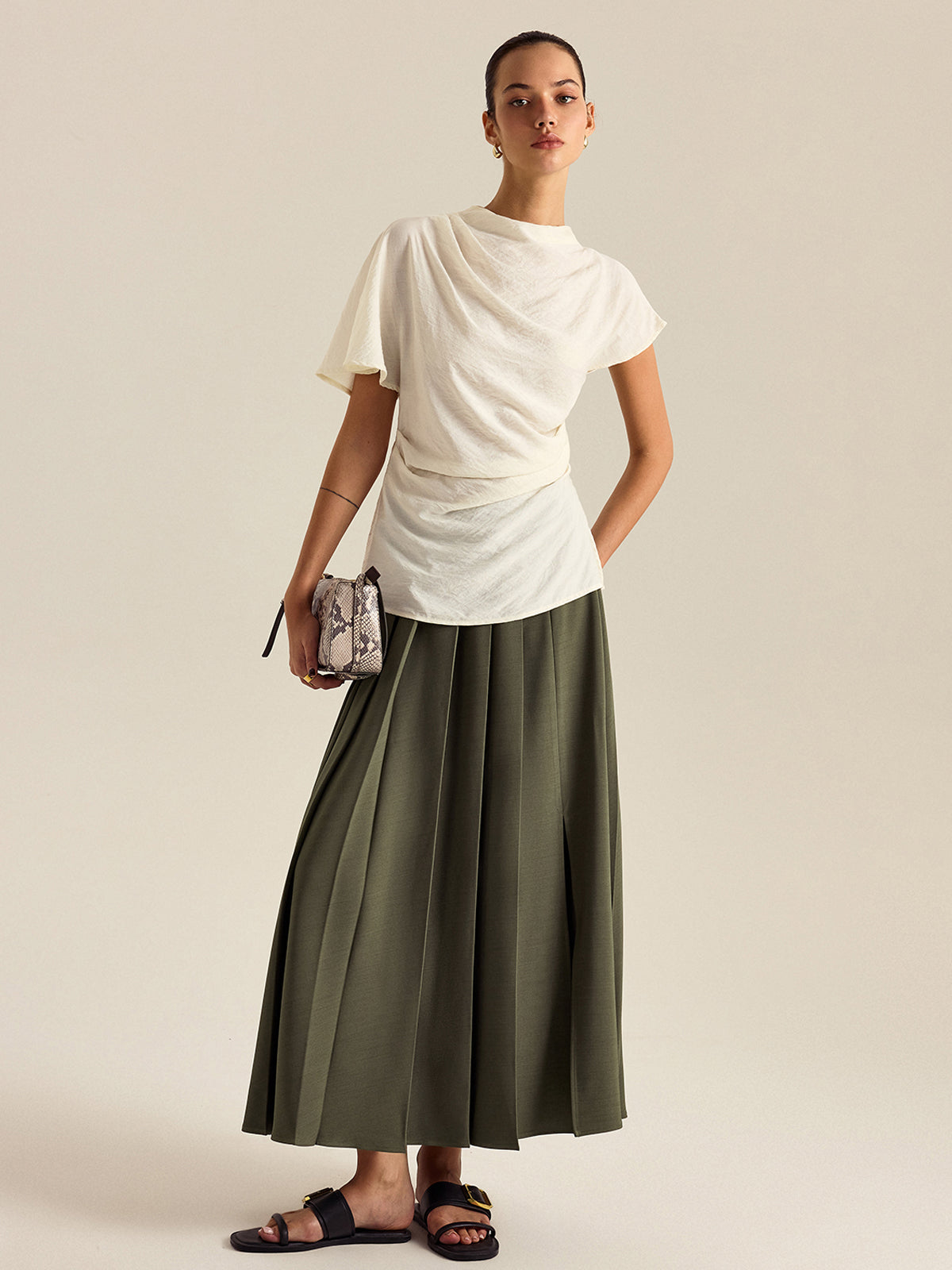 Draped Mock Neck Blouse-Chicvia