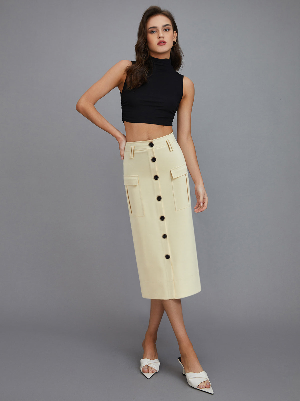 Pocketed Button-Front Midi Skirt-Chicvia
