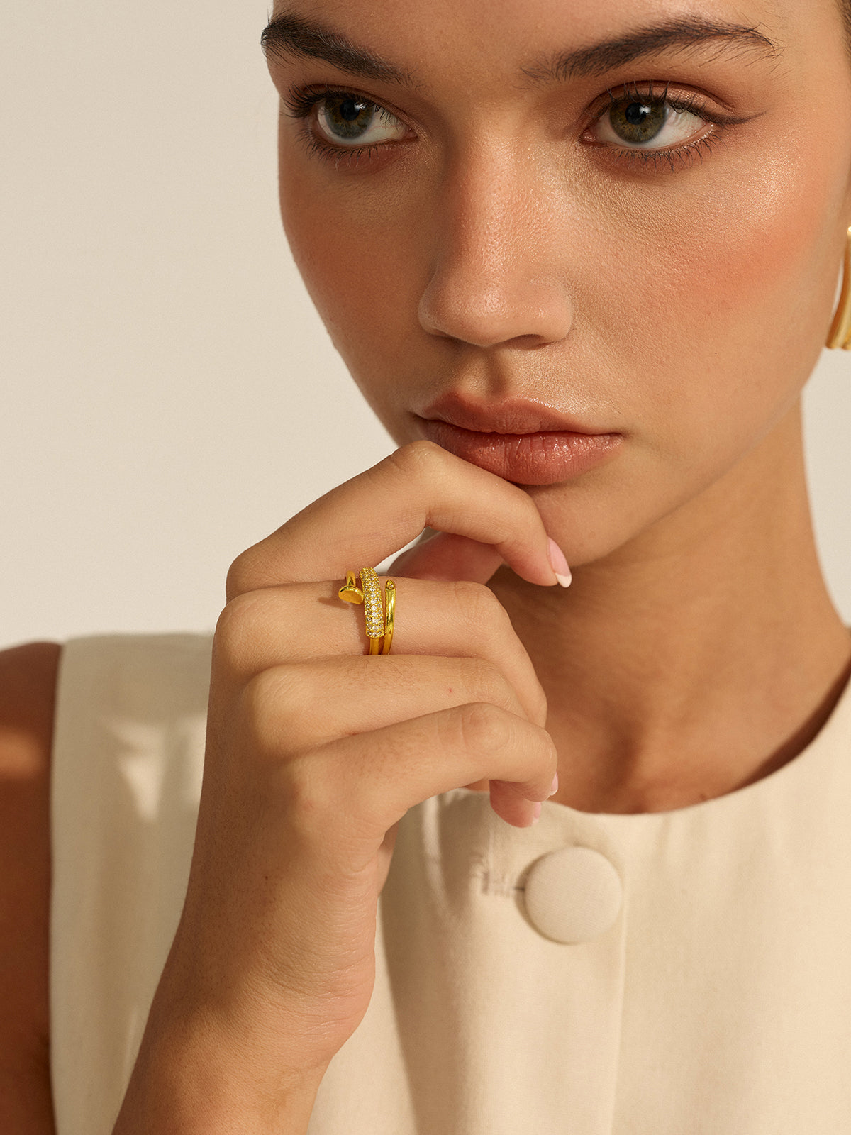 Gold Toned Stack Ring with Diamond-Like Details-Chicvia