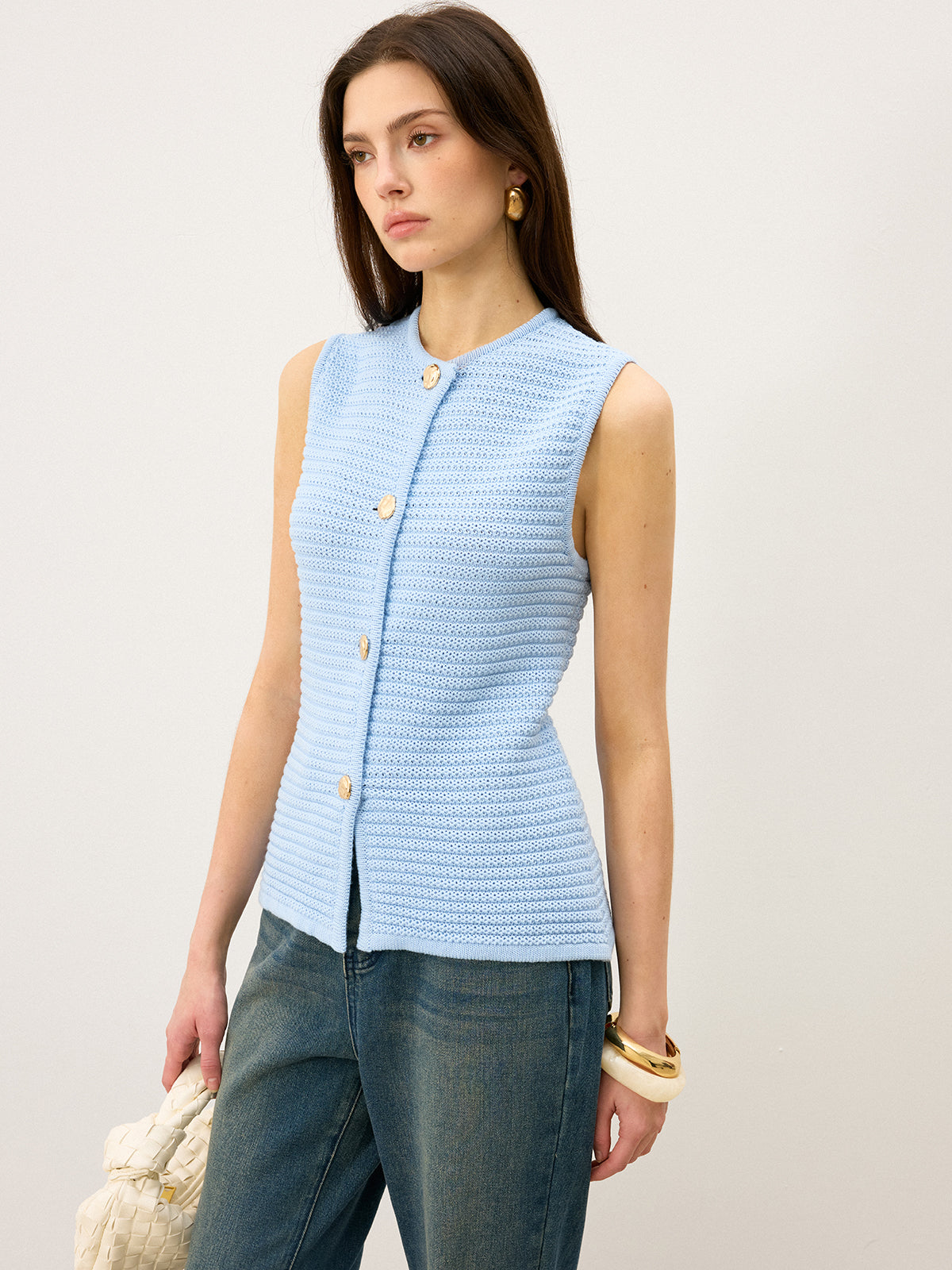 Button-Front Knit Vest-Chicvia