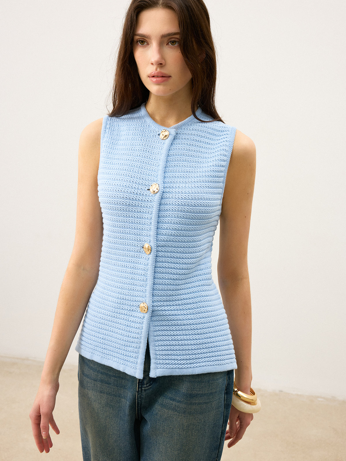 Button-Front Knit Vest-Chicvia