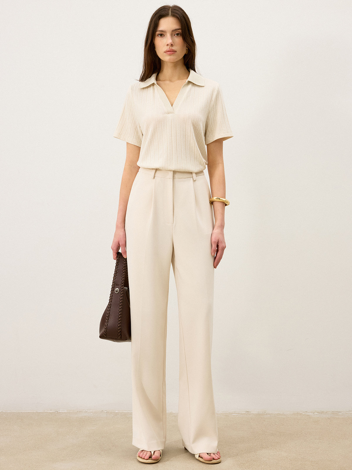 Ribbed Polo-Neck Knit Top-Chicvia