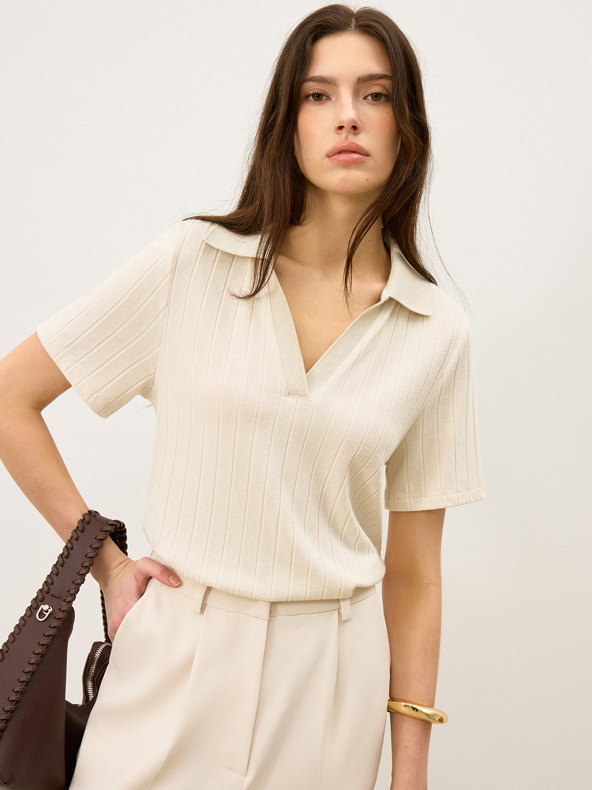 Ribbed Polo-Neck Knit Top-Chicvia