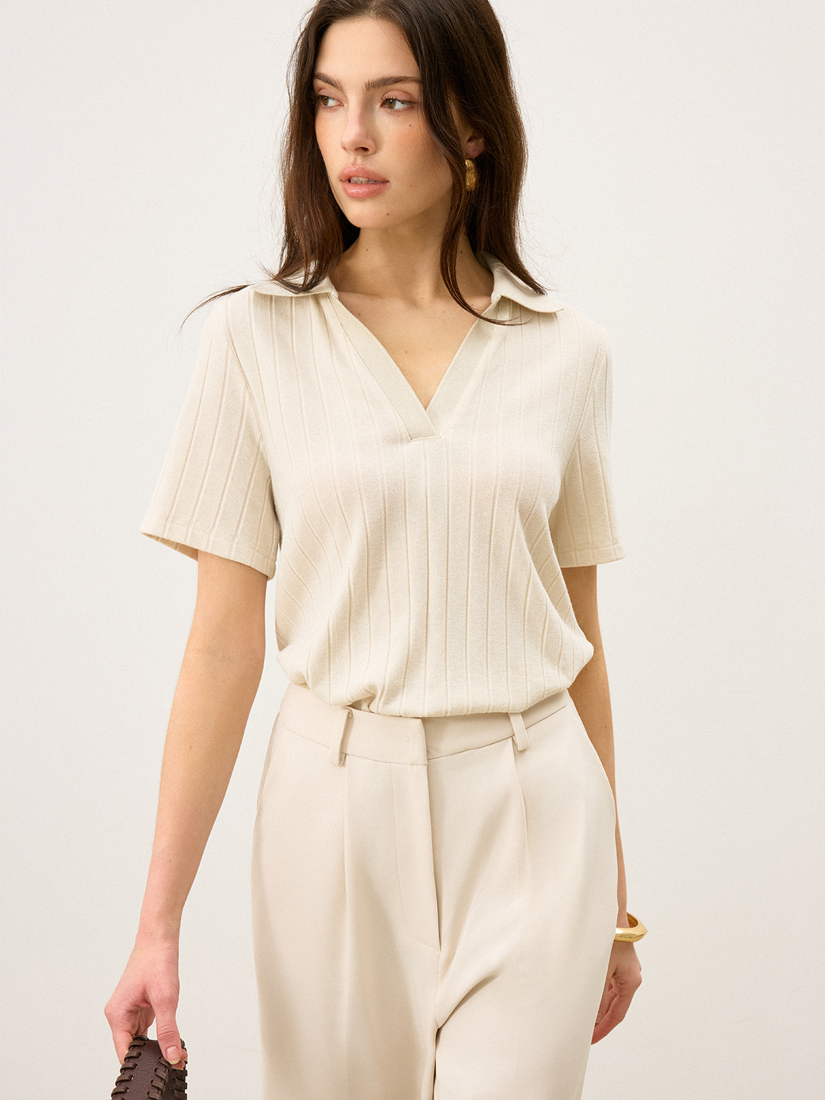 Ribbed Polo-Neck Knit Top-Chicvia