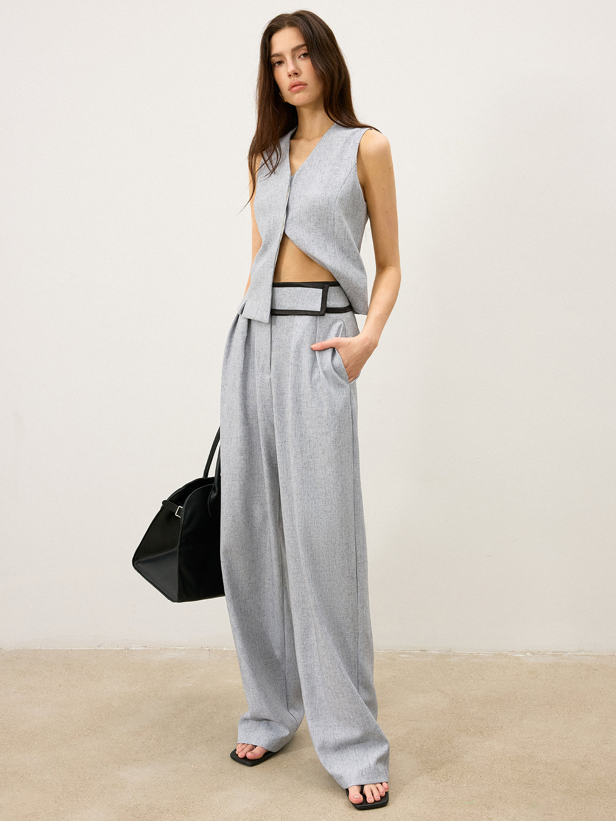 Contrast Waistband Wide - Leg Pants-Chicvia