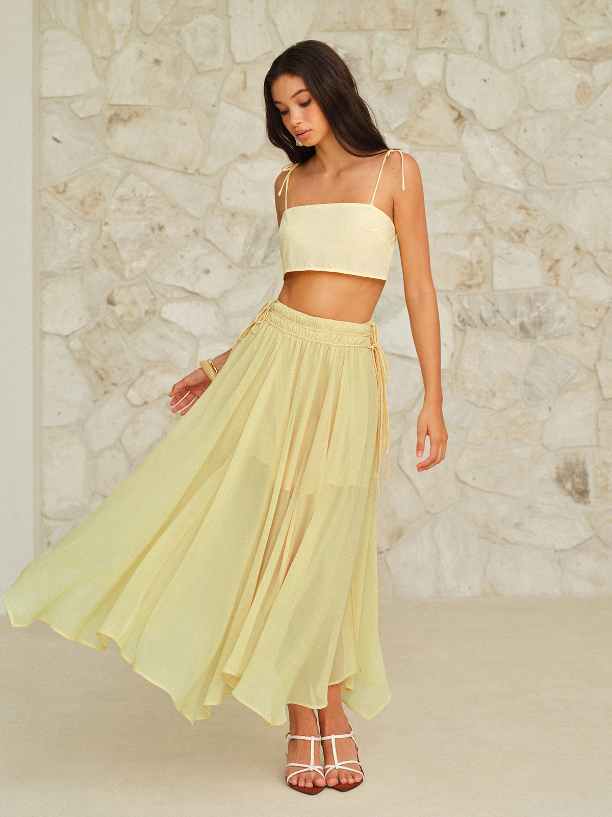 Drawstring Waist Maxi Skirt-Chicvia