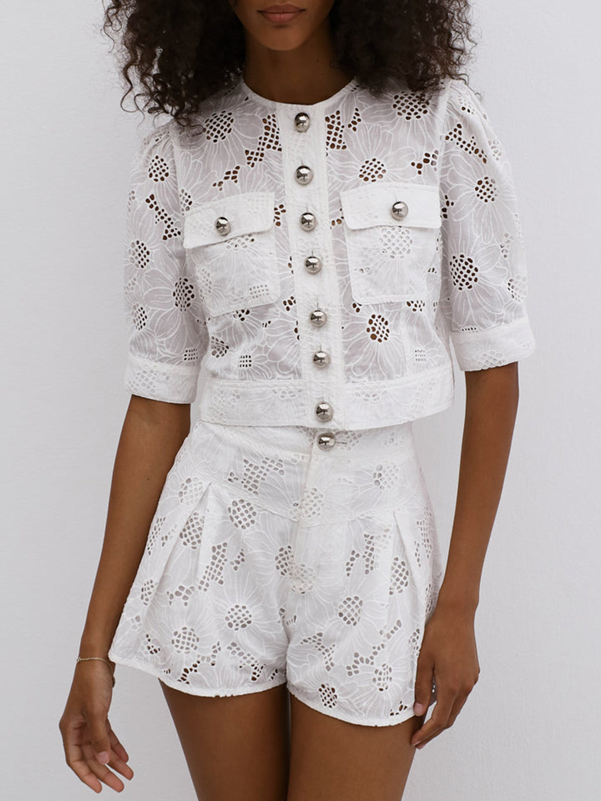 Multi-Button Embroidery Shorts Set-Chicvia