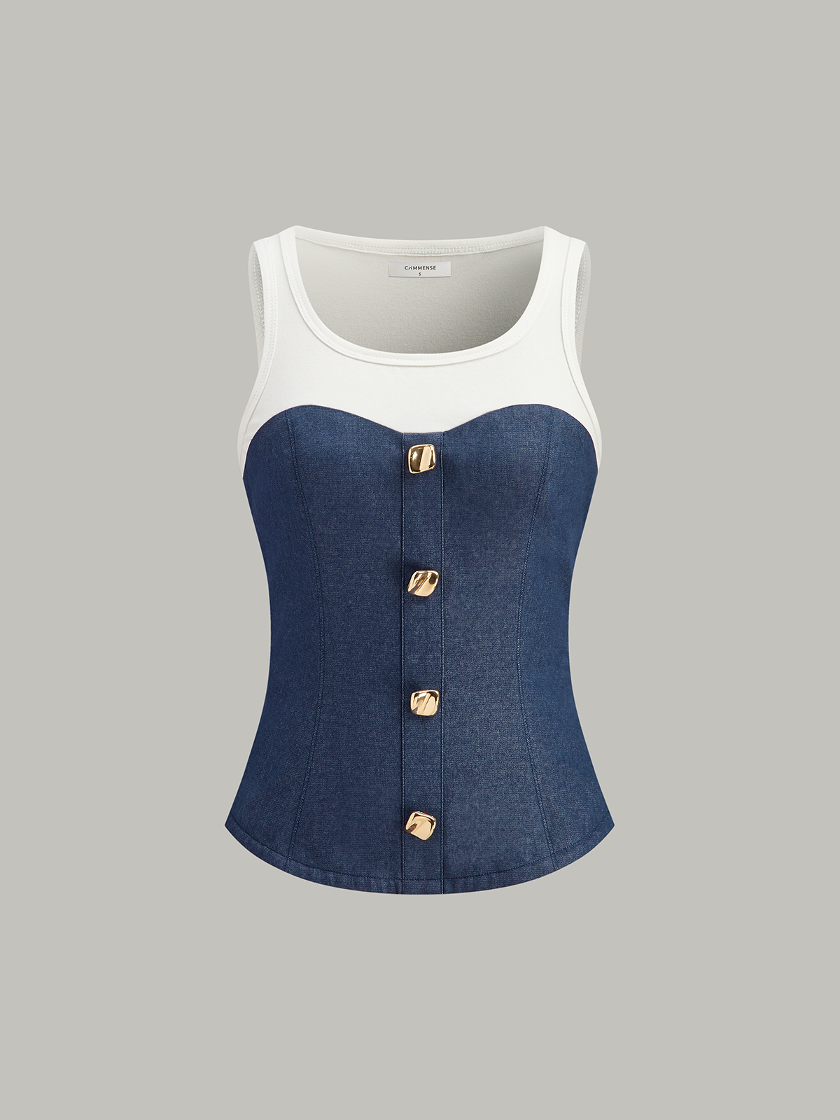 Cotton-Paneled Faux Denim Tank Top-Chicvia