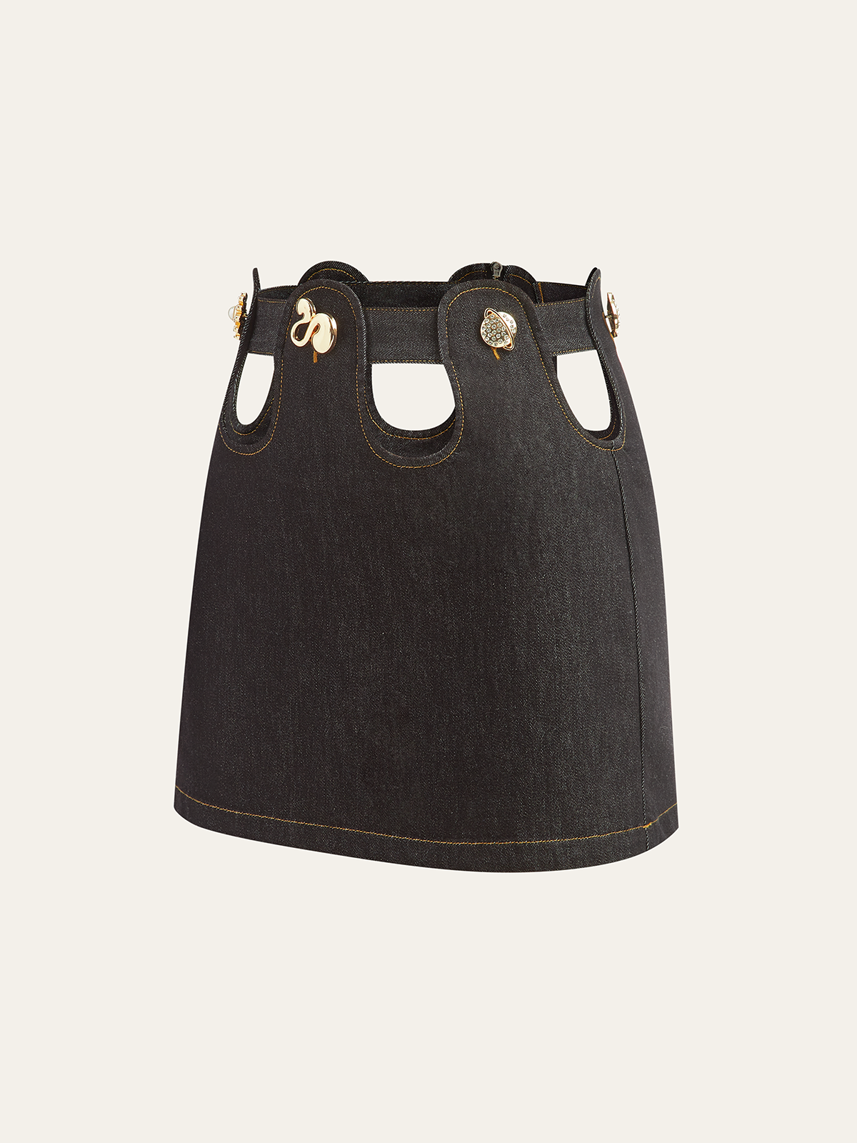 Metal Decor Cut-Out Denim Mini Skirt-Chicvia