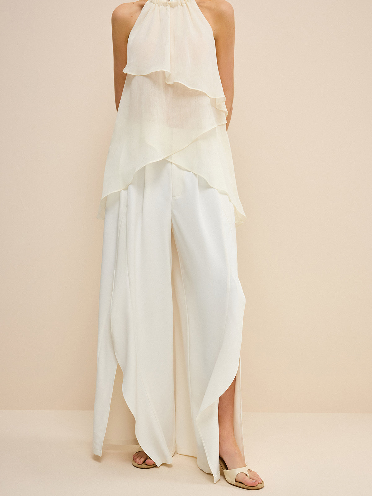 Mid-Waisted Wide-Leg Pants with Side Slits-Chicvia