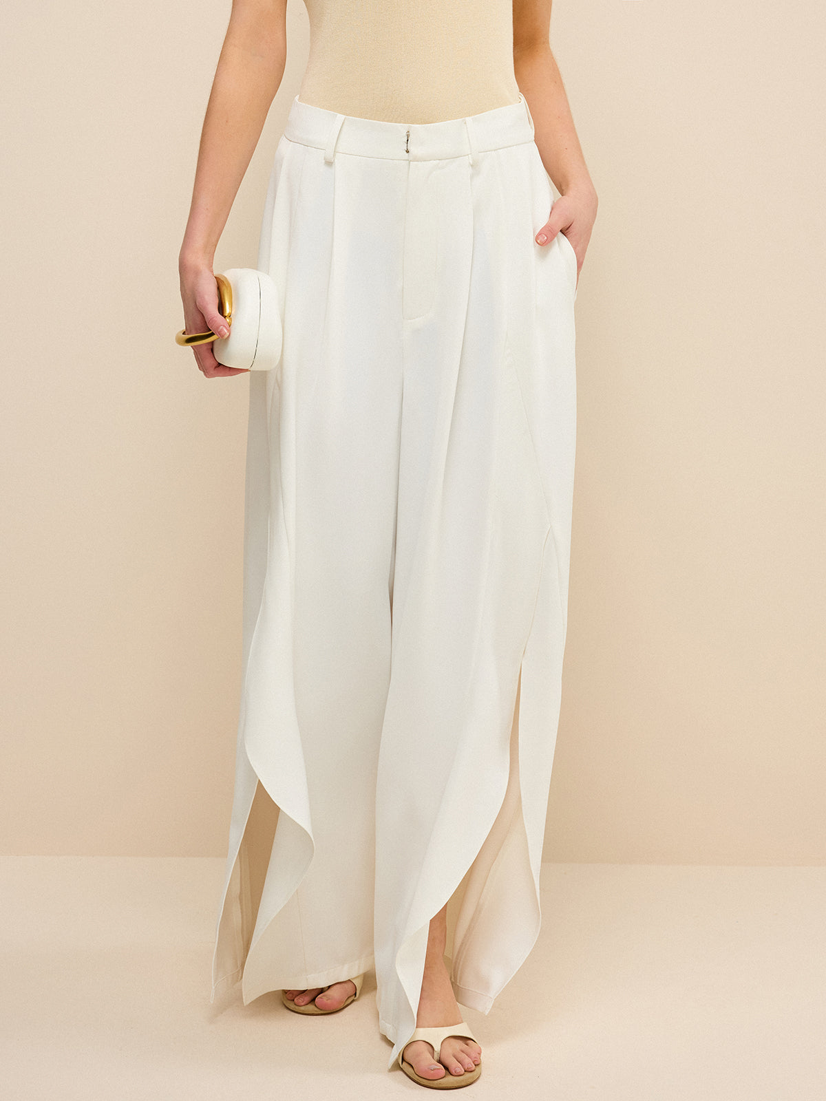 Mid-Waisted Wide-Leg Pants with Side Slits-Chicvia