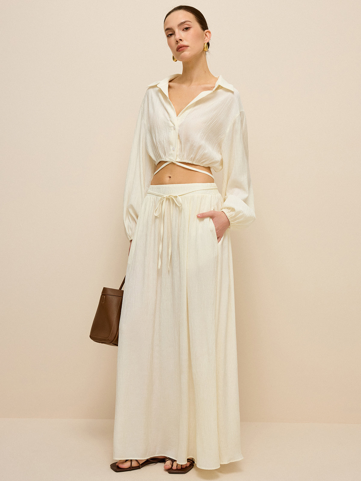 Oversized Textured Pocketed Maxi Skirt-Chicvia