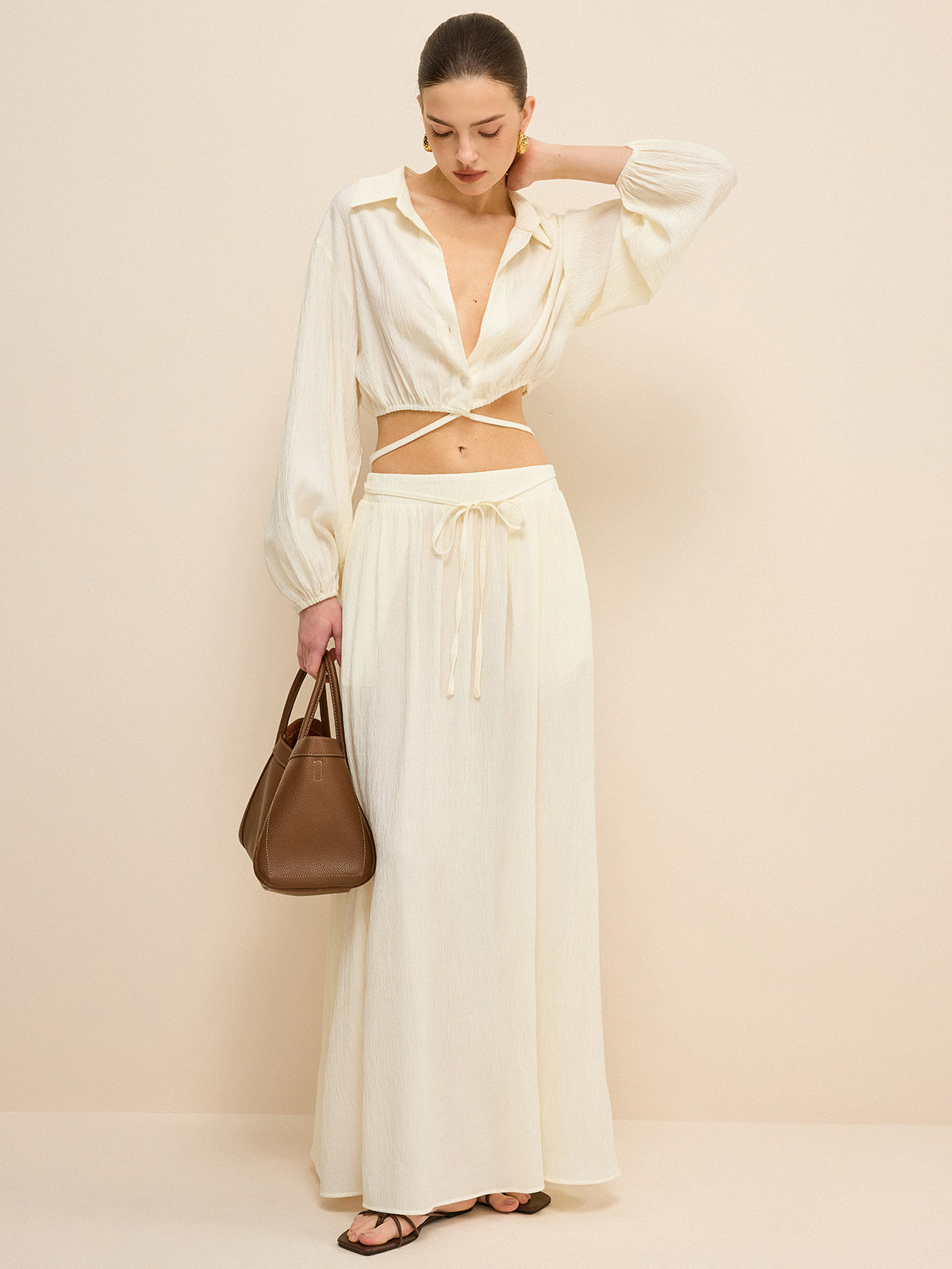 Oversized Textured Pocketed Maxi Skirt-Chicvia