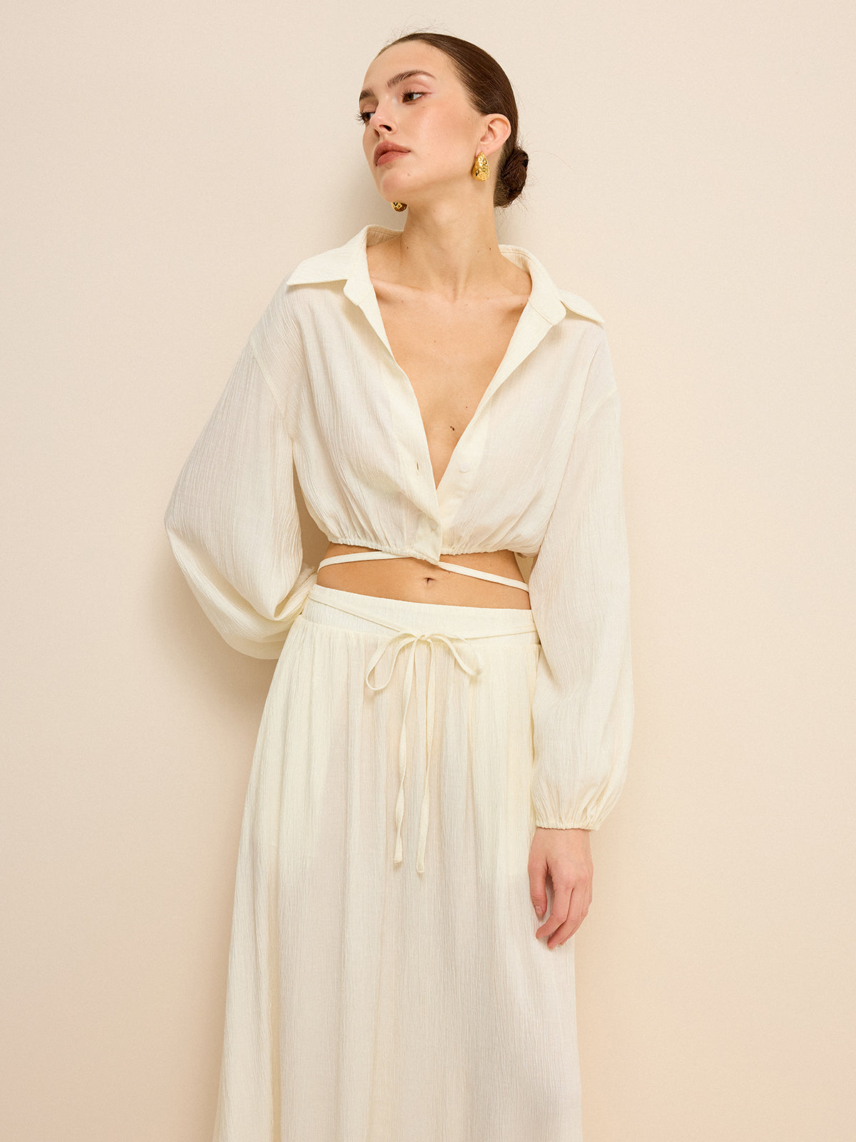 Cropped Shirt with Crisscross Tie-Back-Chicvia