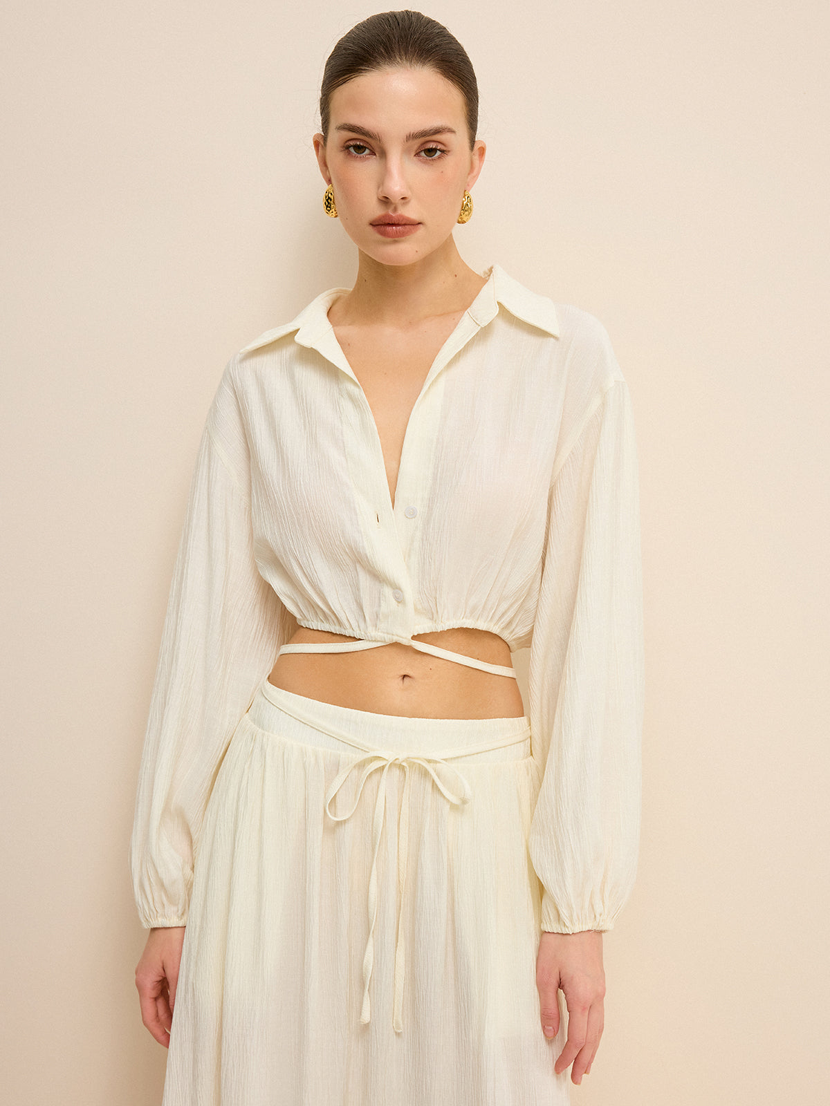 Cropped Shirt with Crisscross Tie-Back-Chicvia