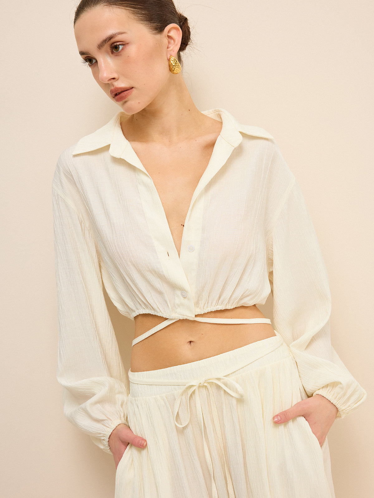 Cropped Shirt with Crisscross Tie-Back-Chicvia
