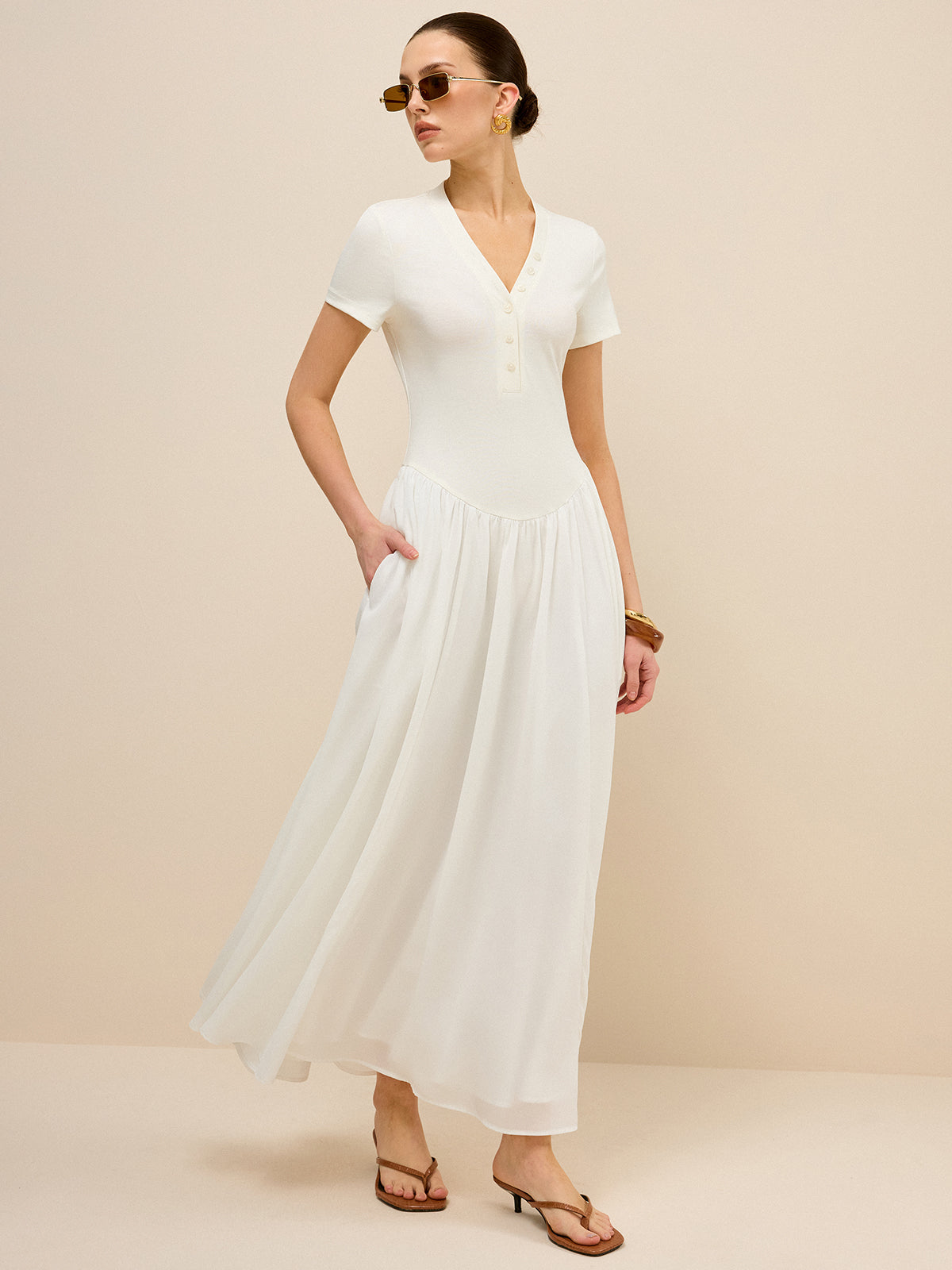 Button-Placket V-Neck Maxi Dress-Chicvia