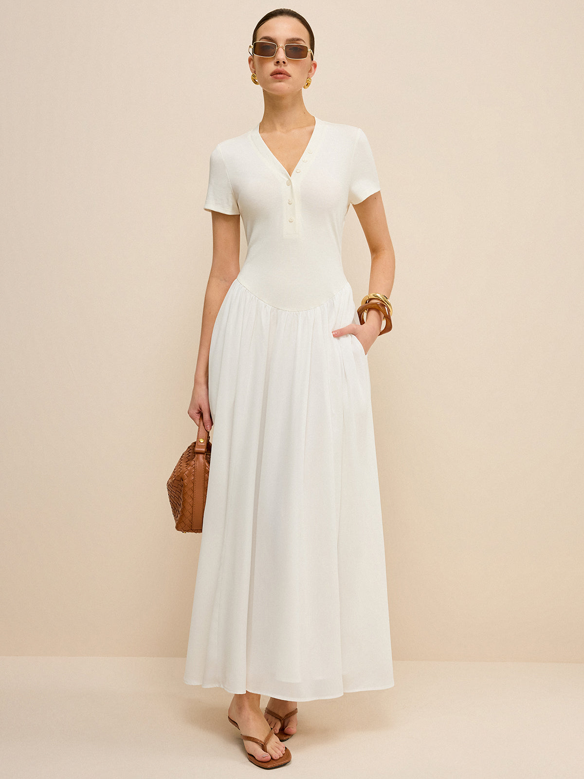 Button-Placket V-Neck Maxi Dress-Chicvia