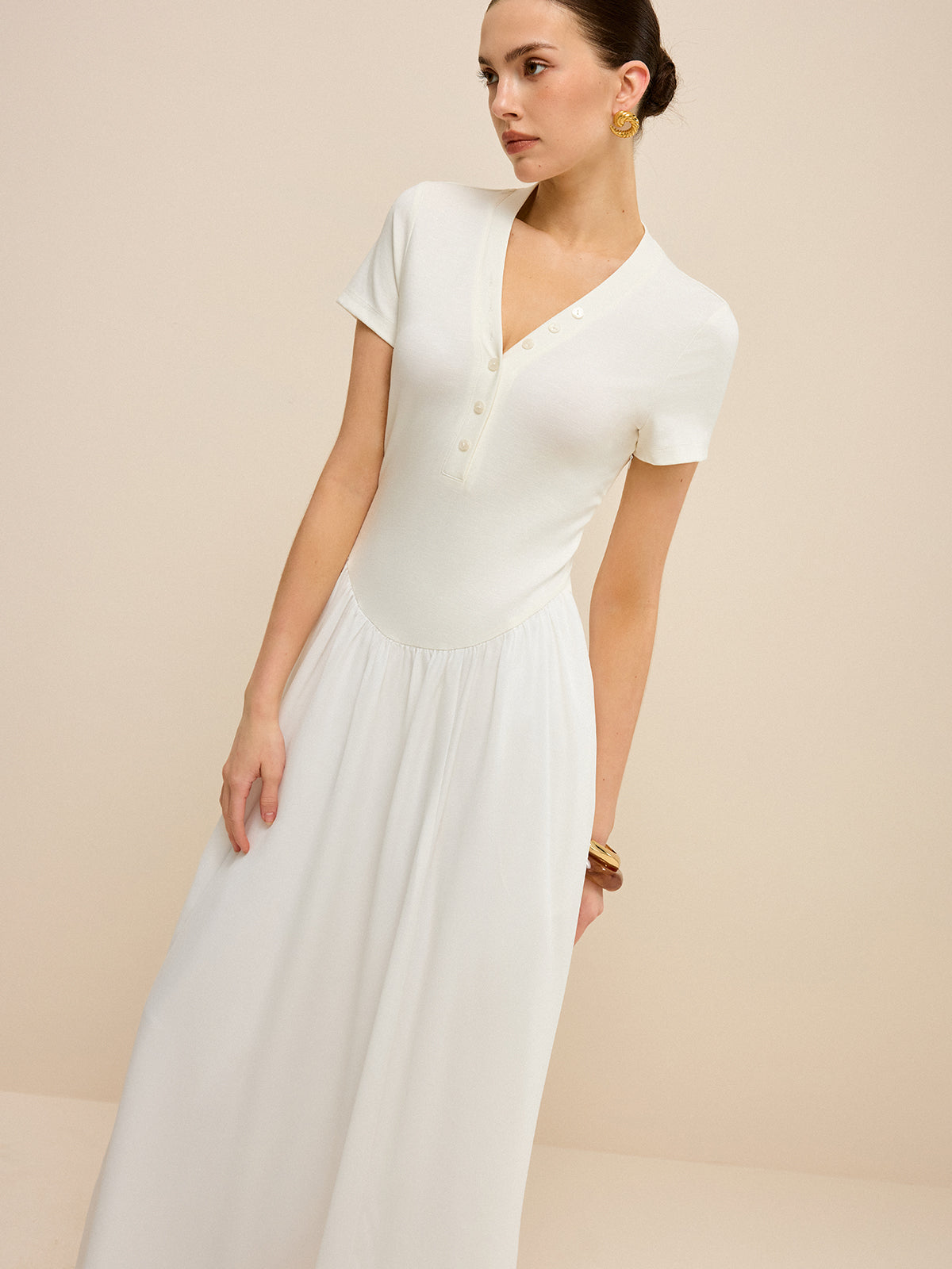 Button-Placket V-Neck Maxi Dress-Chicvia