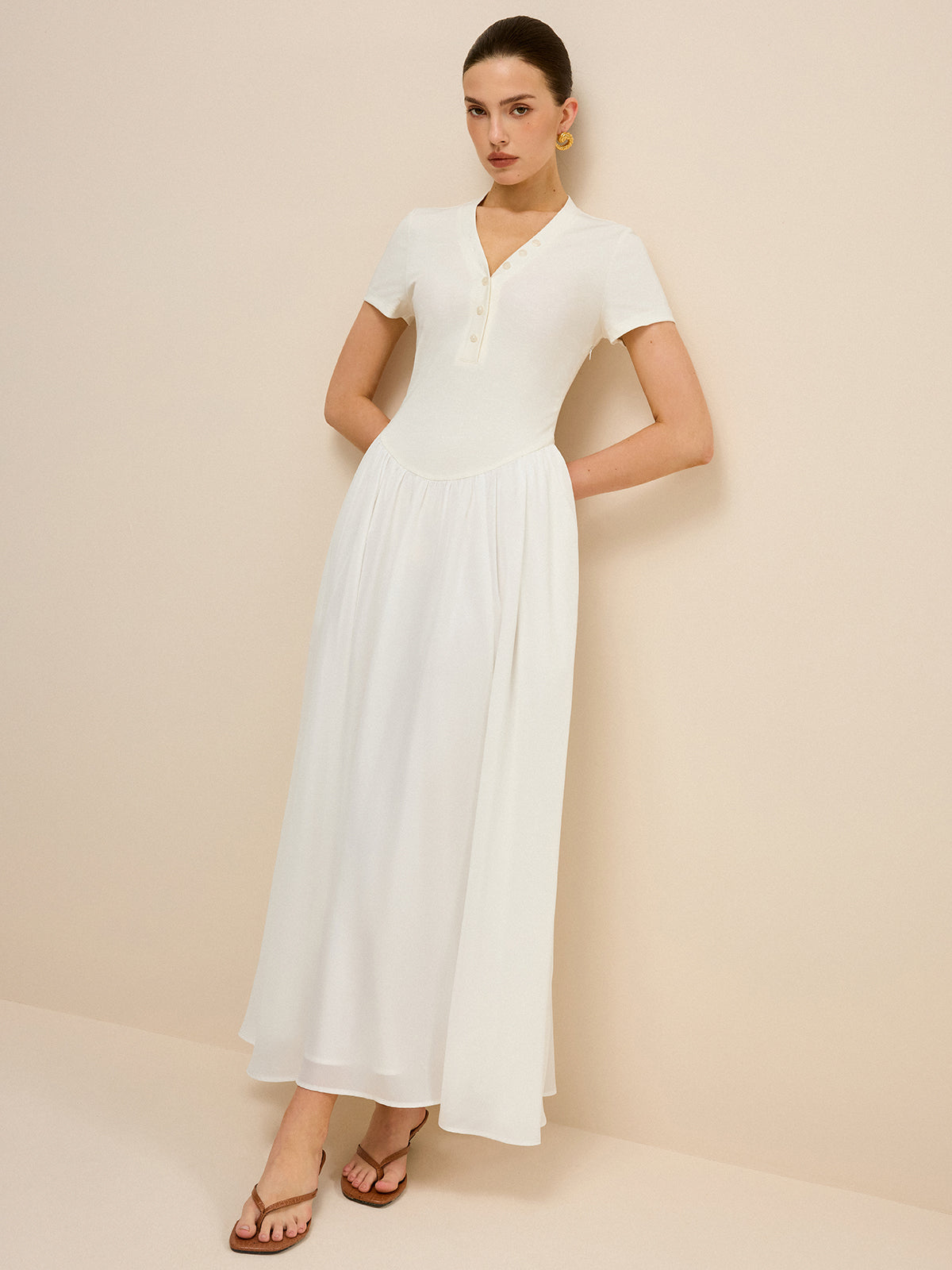 Button-Placket V-Neck Maxi Dress-Chicvia