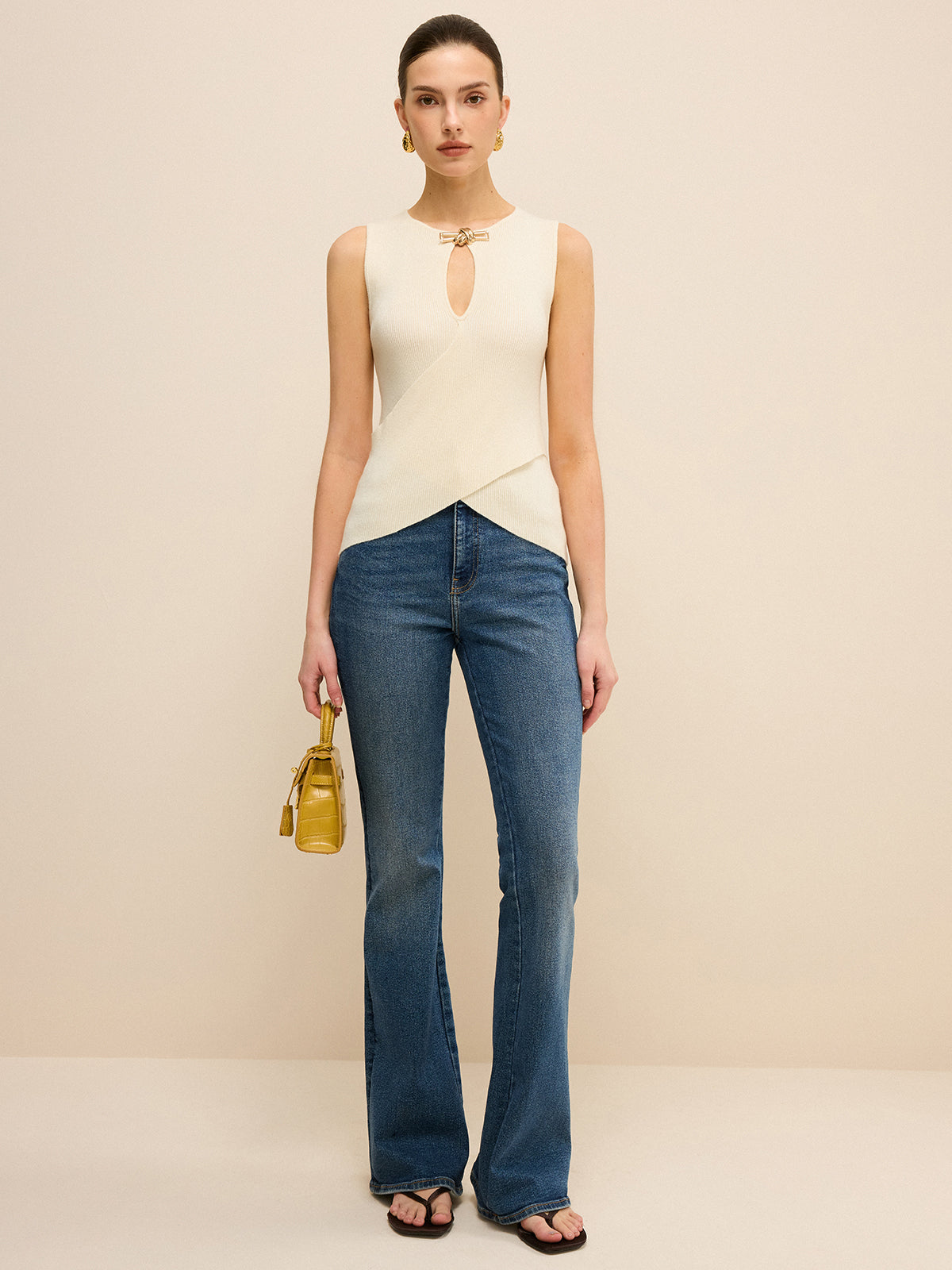 Cut-Out Sleeveless Knit Top with Cross-Over Design-Chicvia