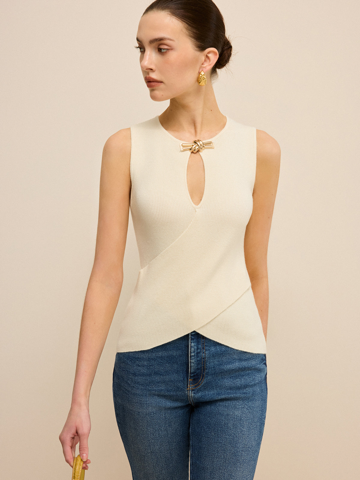 Cut-Out Sleeveless Knit Top with Cross-Over Design-Chicvia