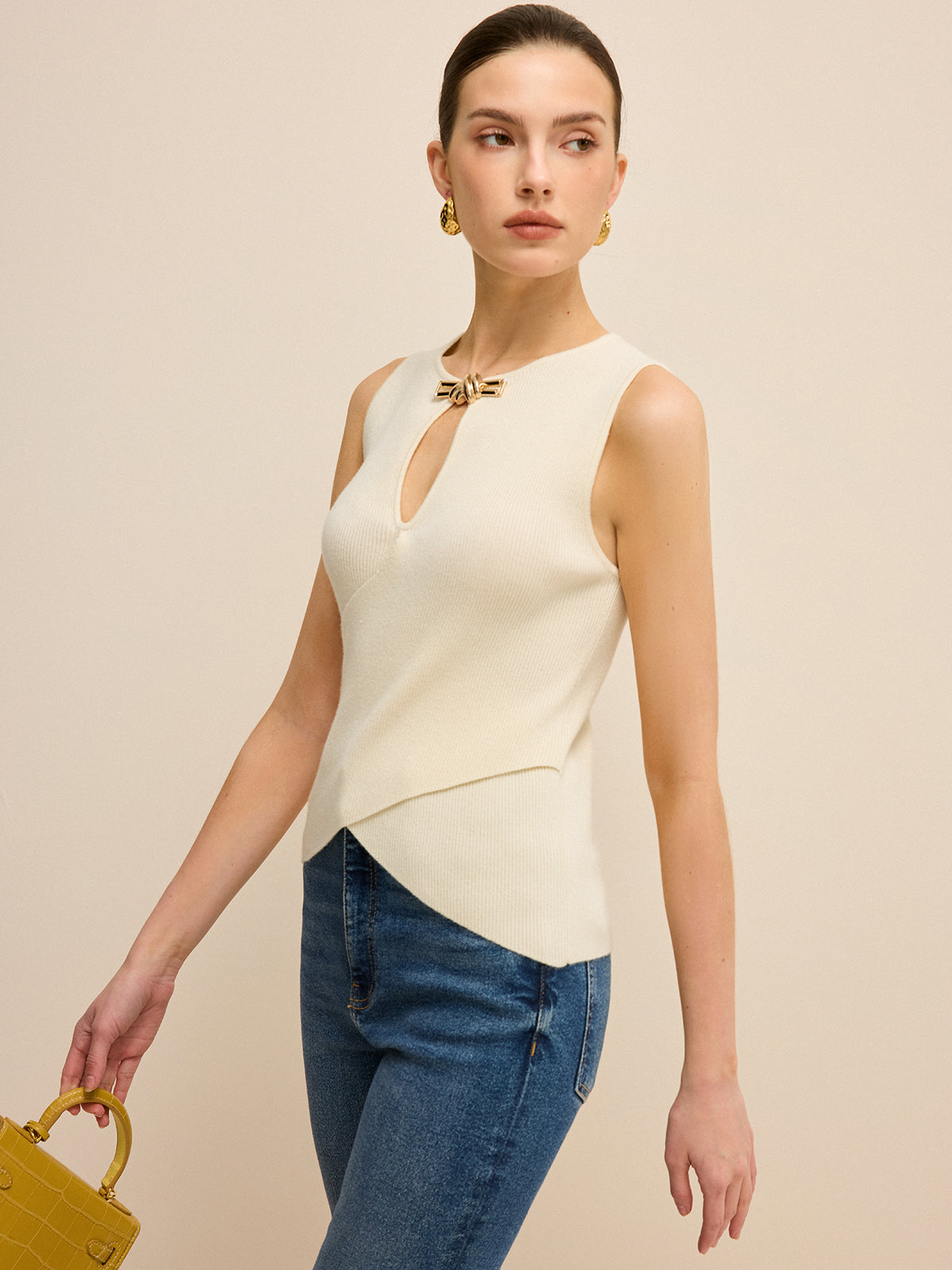 Cut-Out Sleeveless Knit Top with Cross-Over Design-Chicvia
