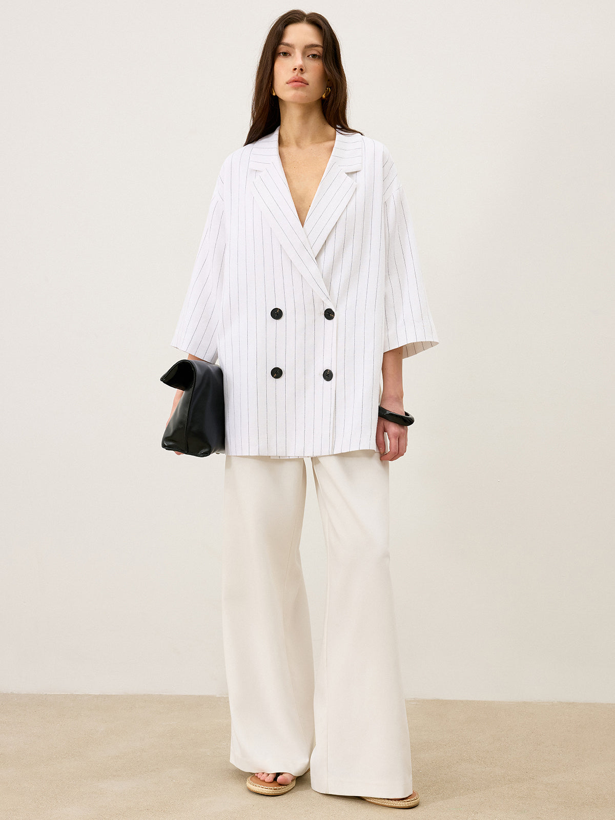 Linen&Cotton Oversized Striped Side Slit Double-Breasted Blazer-Chicvia