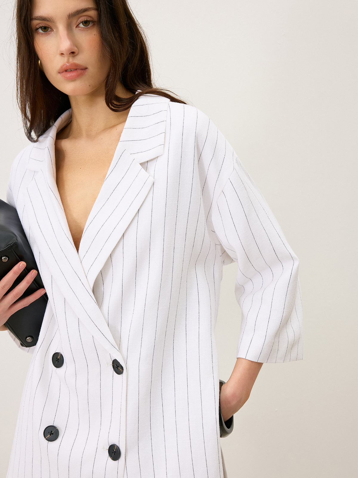 Linen&Cotton Oversized Striped Side Slit Double-Breasted Blazer-Chicvia