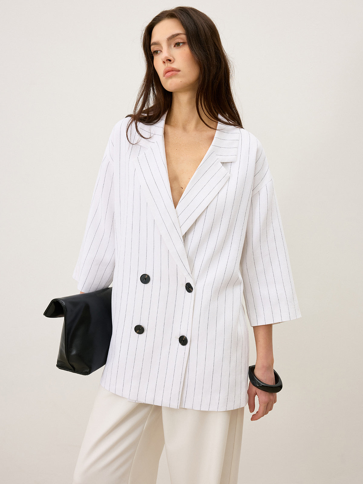 Linen&Cotton Oversized Striped Side Slit Double-Breasted Blazer-Chicvia