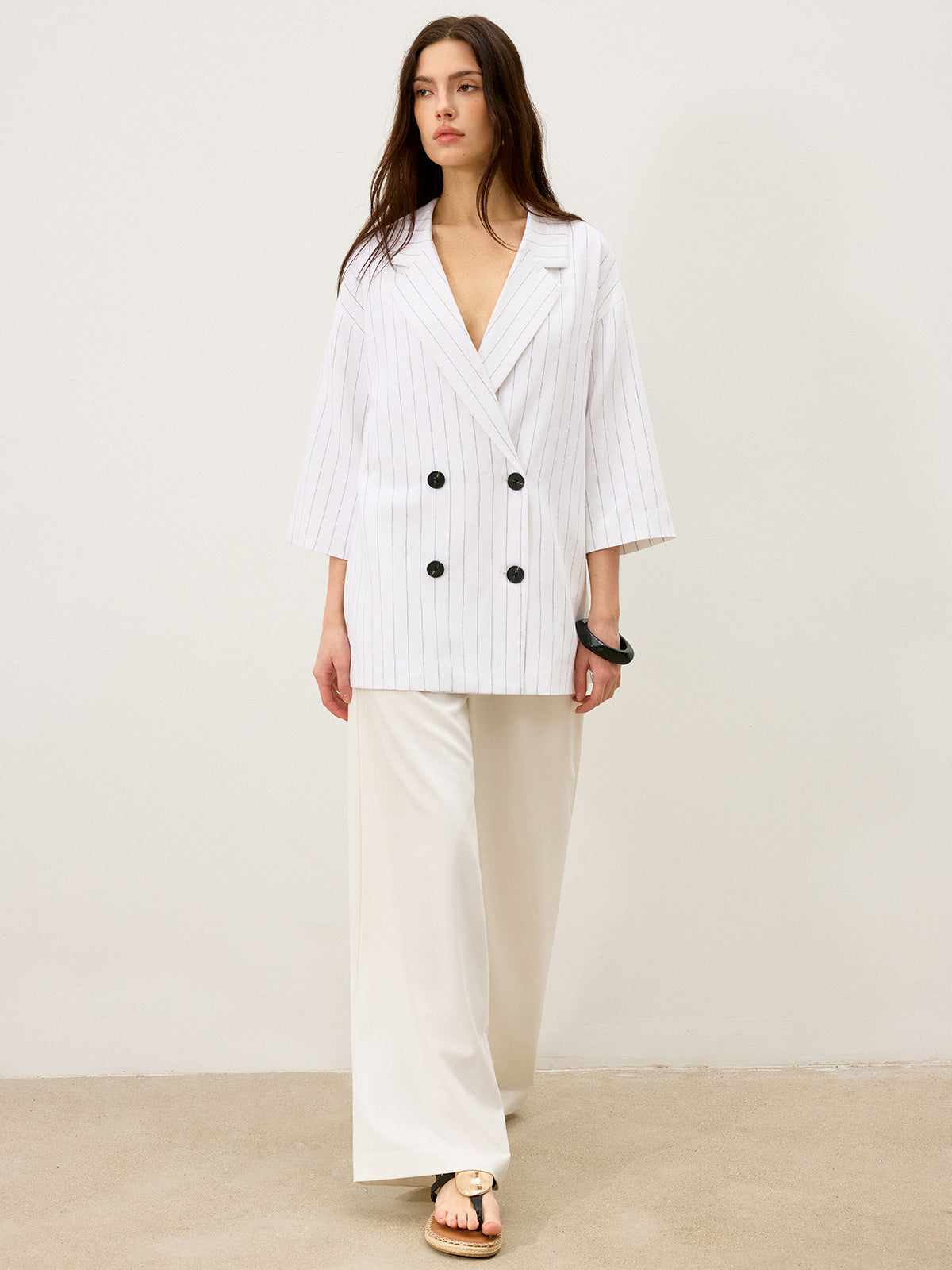 Linen&Cotton Oversized Striped Side Slit Double-Breasted Blazer-Chicvia