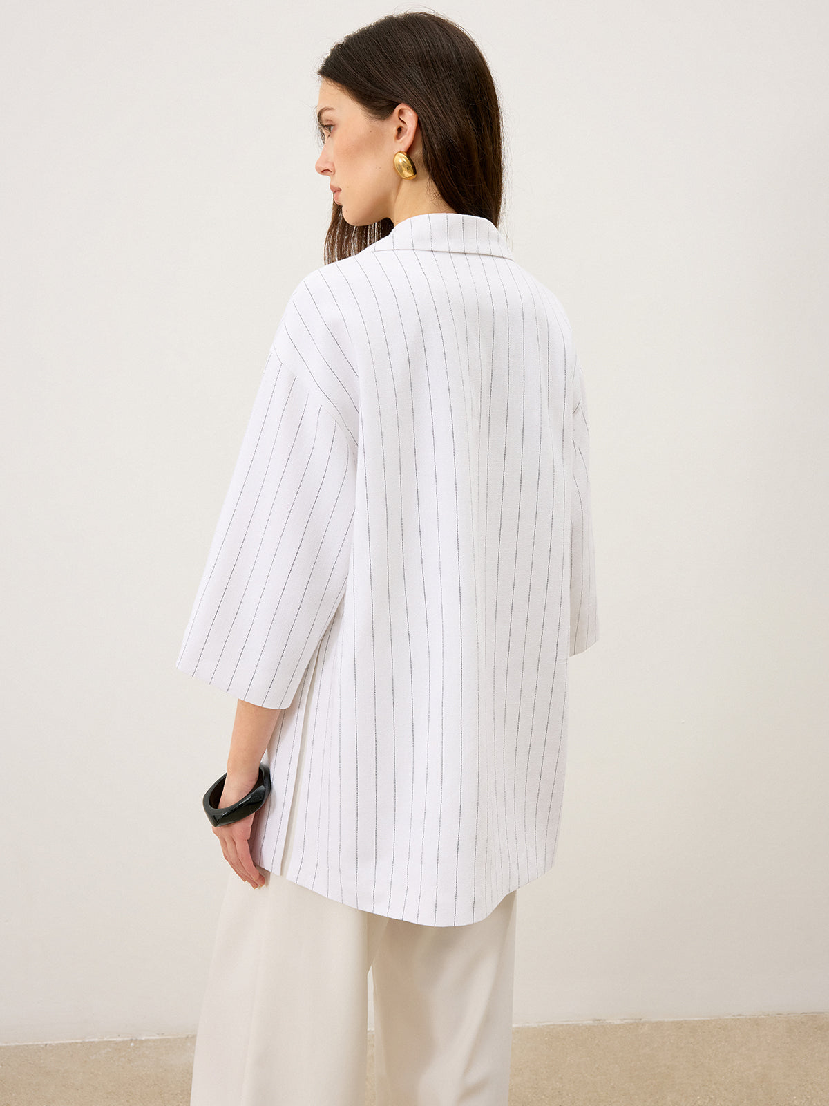 Linen&Cotton Oversized Striped Side Slit Double-Breasted Blazer-Chicvia
