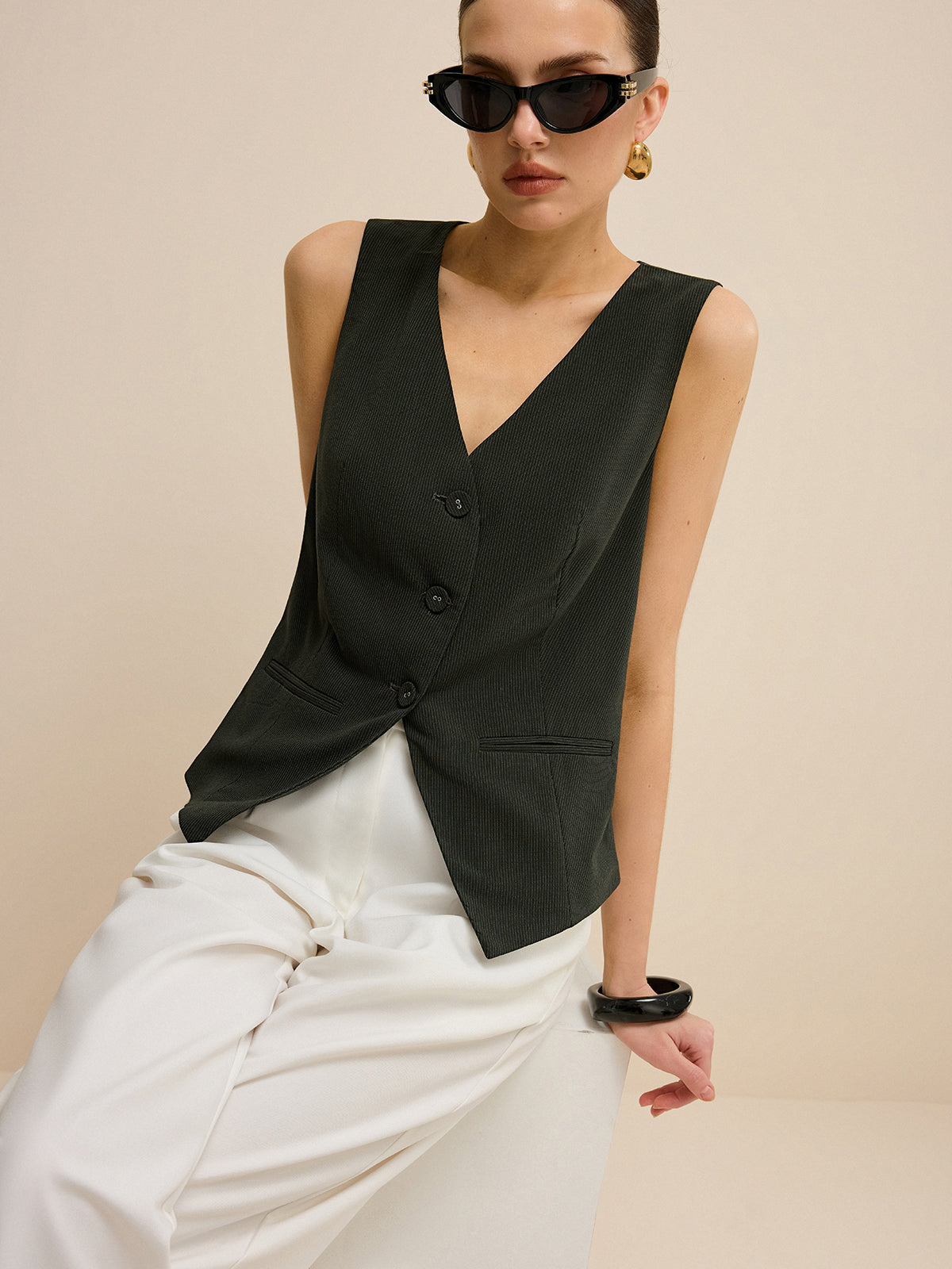 Pinstripe V-Neck Vest-Chicvia