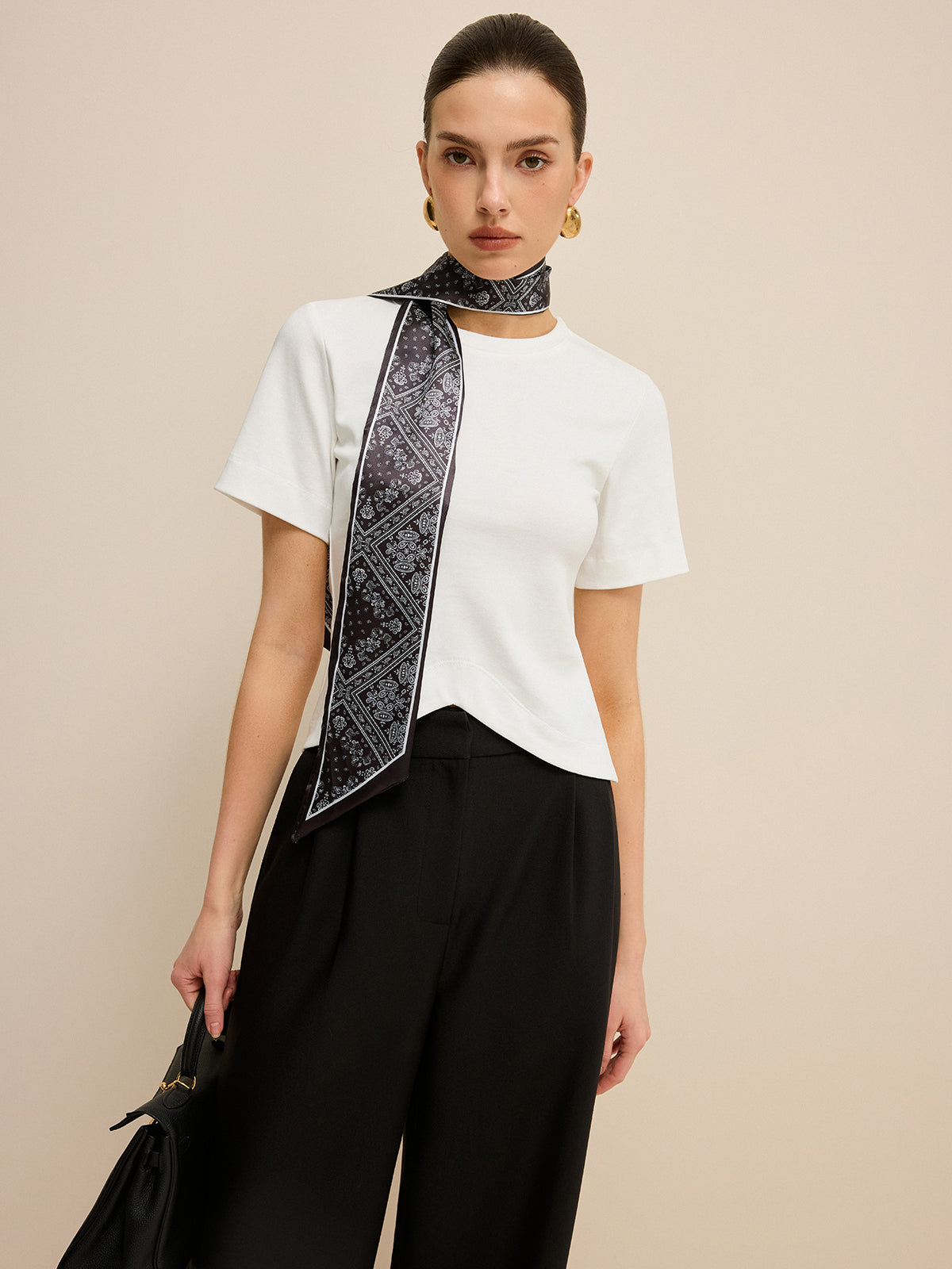 Irregular Hem T-Shirt with Silk Scarf-Chicvia