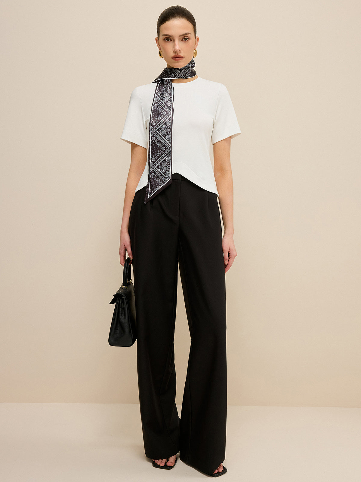 Irregular Hem T-Shirt with Silk Scarf-Chicvia