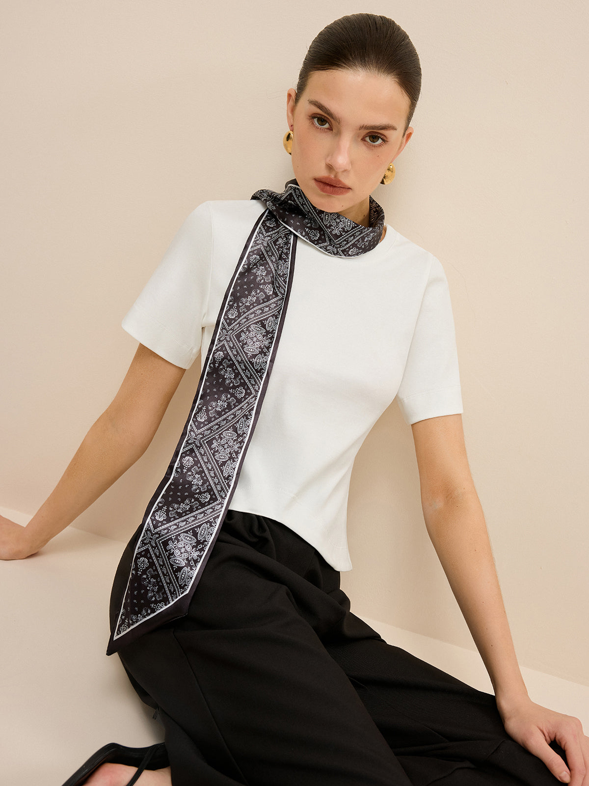 Irregular Hem T-Shirt with Silk Scarf-Chicvia
