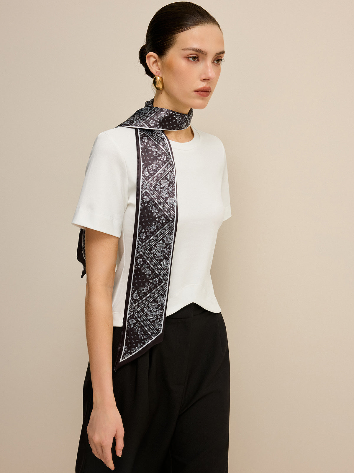 Irregular Hem T-Shirt with Silk Scarf-Chicvia