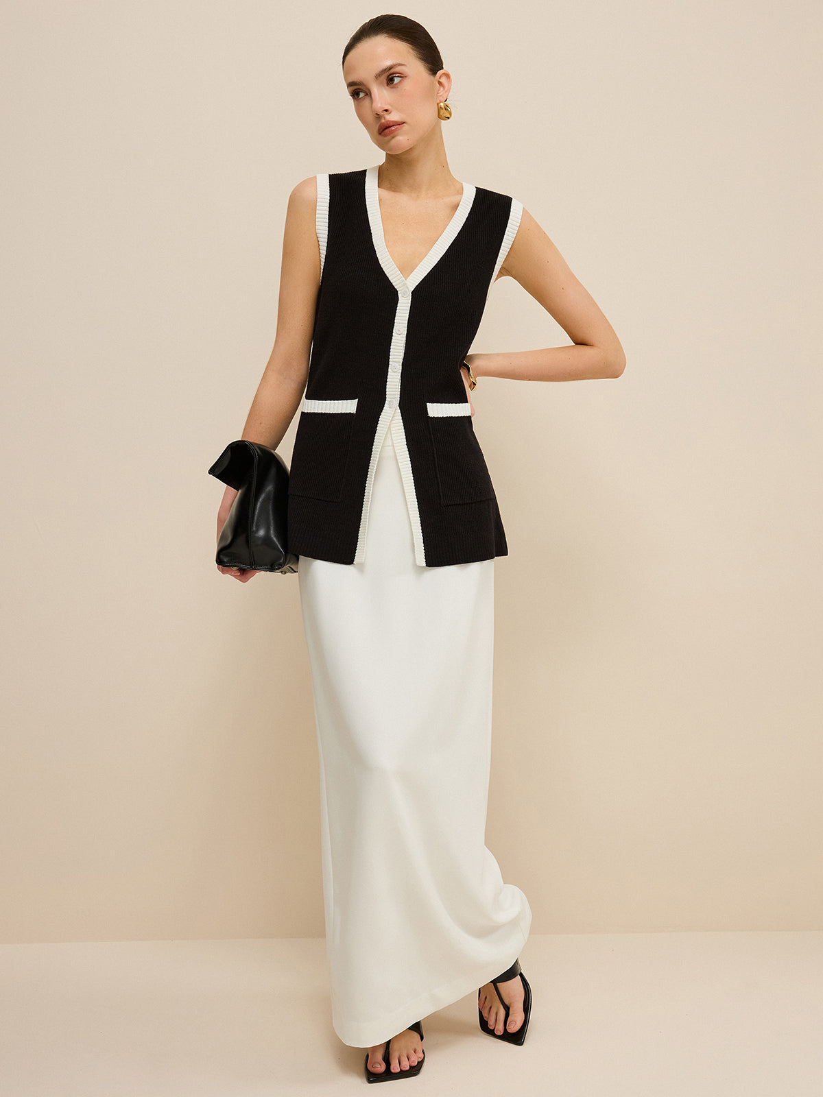 Contrast Trim V-Neck Knit Vest-Chicvia