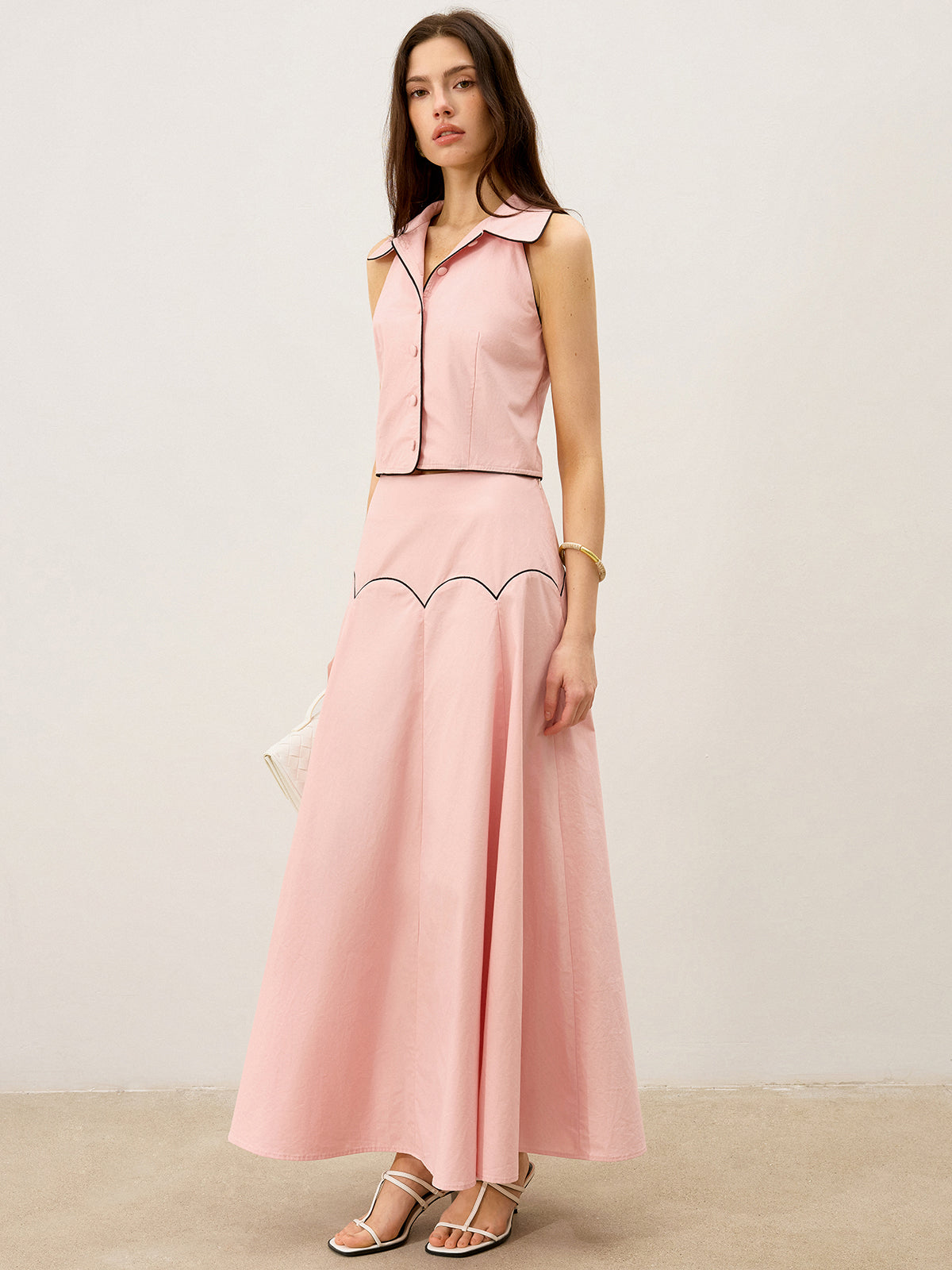 Contrast-Trim Maxi Skirt Set-Chicvia