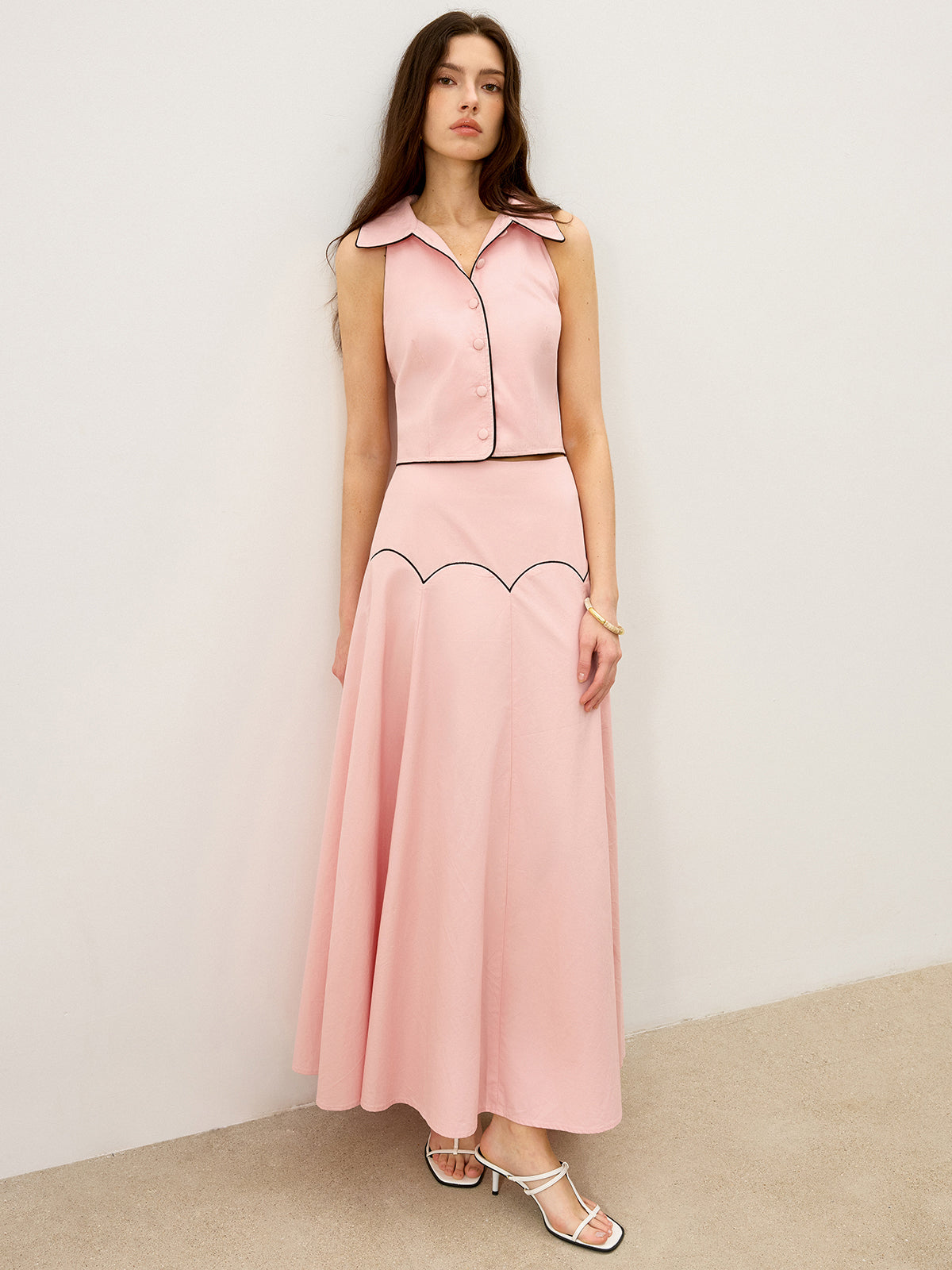 Contrast-Trim Maxi Skirt Set-Chicvia