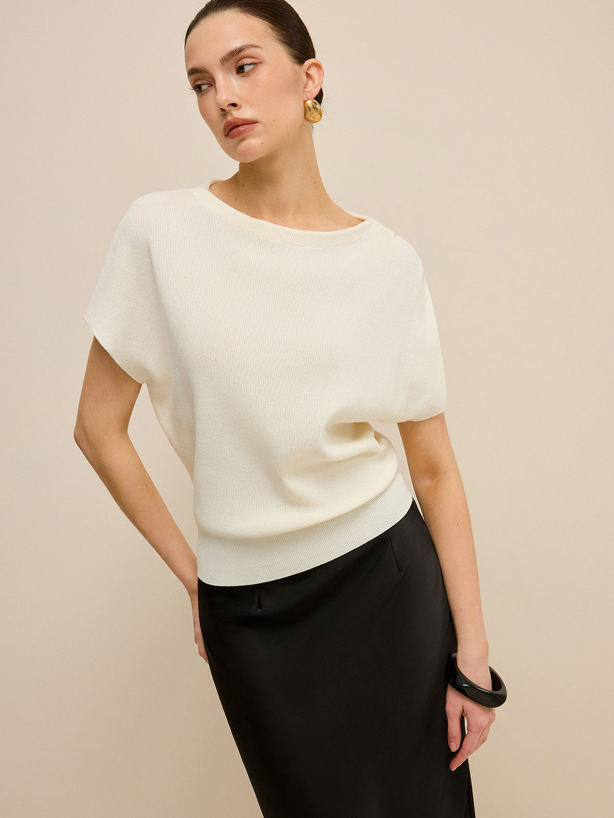 Elasticized Hem Knit Top-Chicvia
