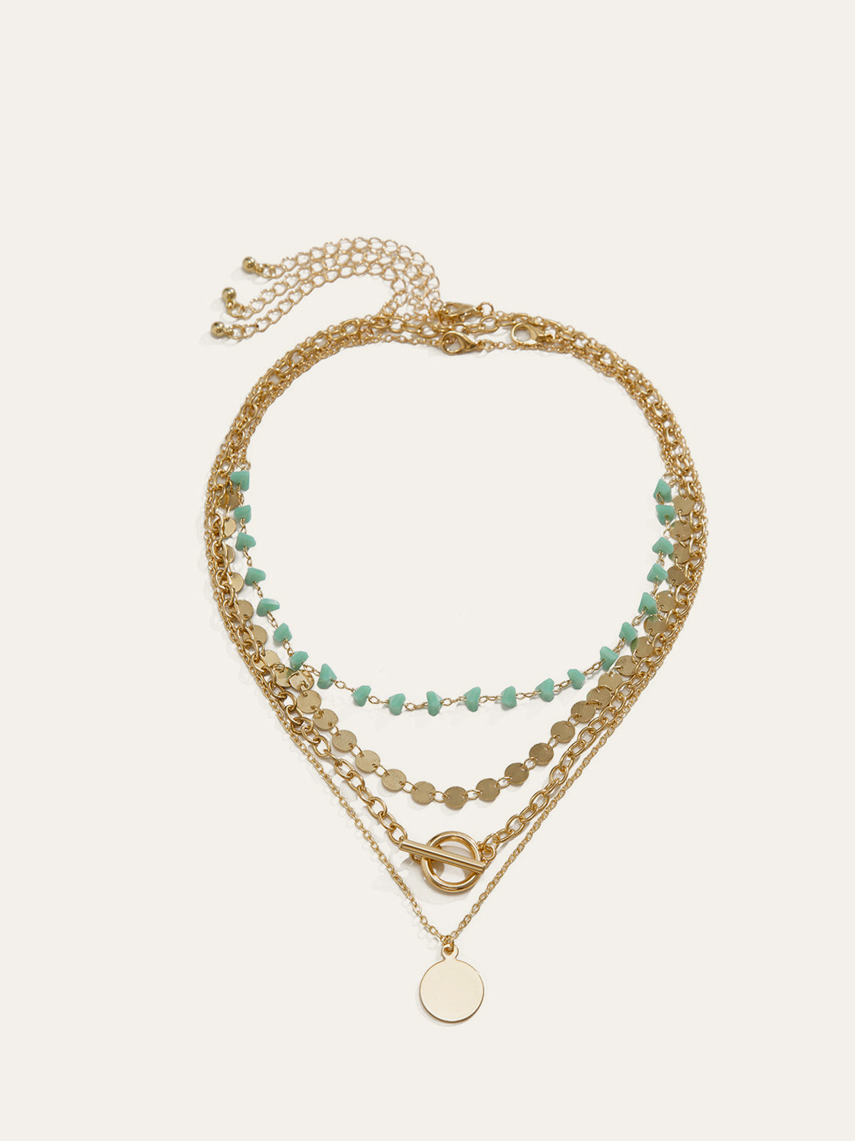 Layered Gold-Chain Necklace With Turquoise Beads And Circular Pendant-Chicvia