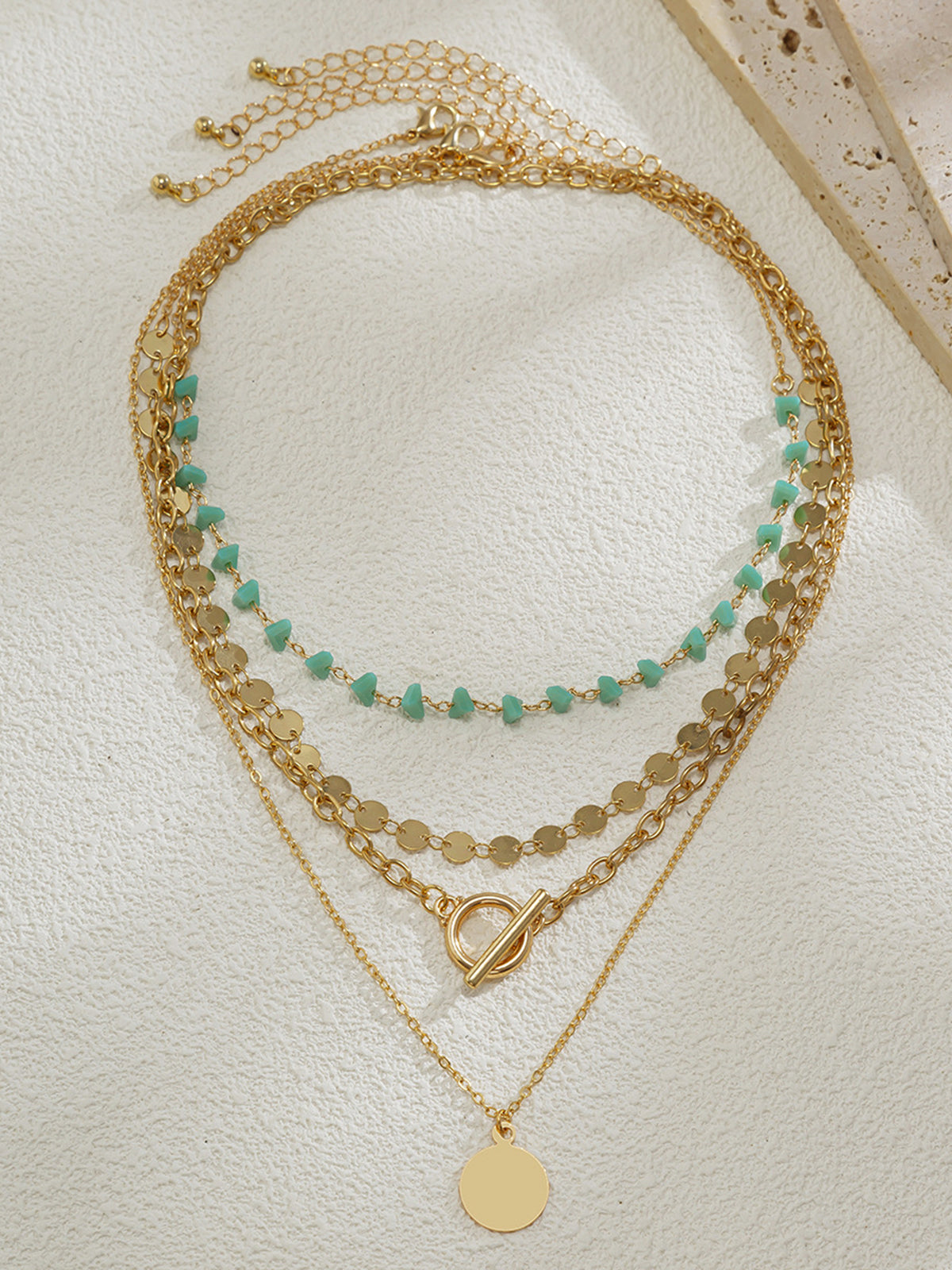 Layered Gold-Chain Necklace With Turquoise Beads And Circular Pendant-Chicvia