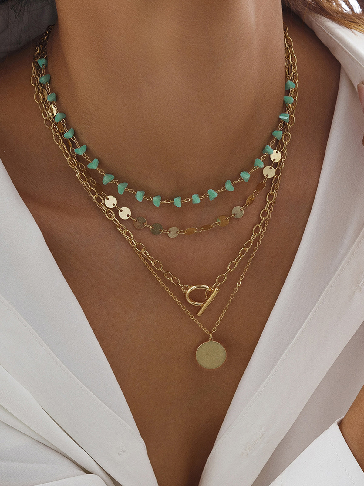 Layered Gold-Chain Necklace With Turquoise Beads And Circular Pendant-Chicvia