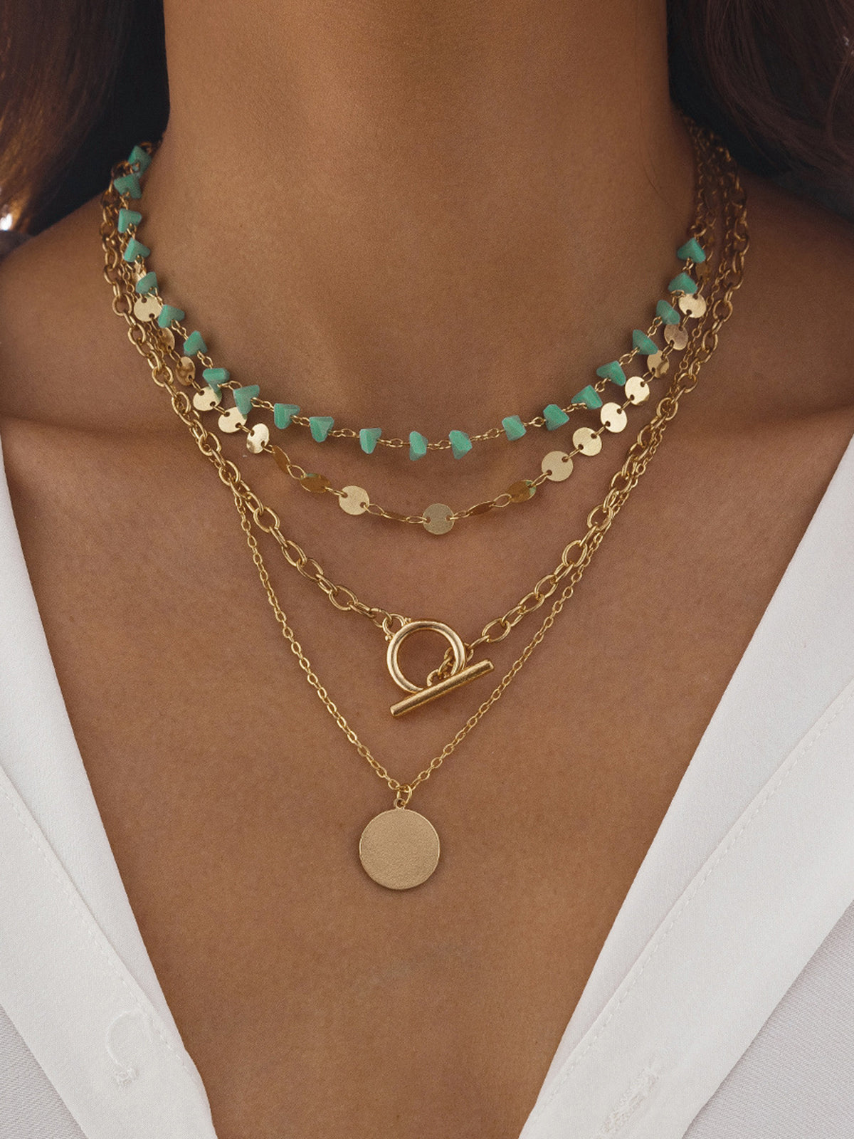 Layered Gold-Chain Necklace With Turquoise Beads And Circular Pendant-Chicvia