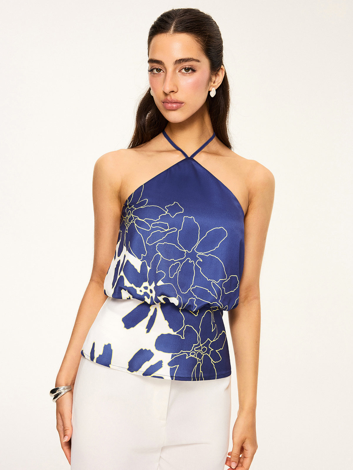 Floral Print Halter Backless Top-Chicvia