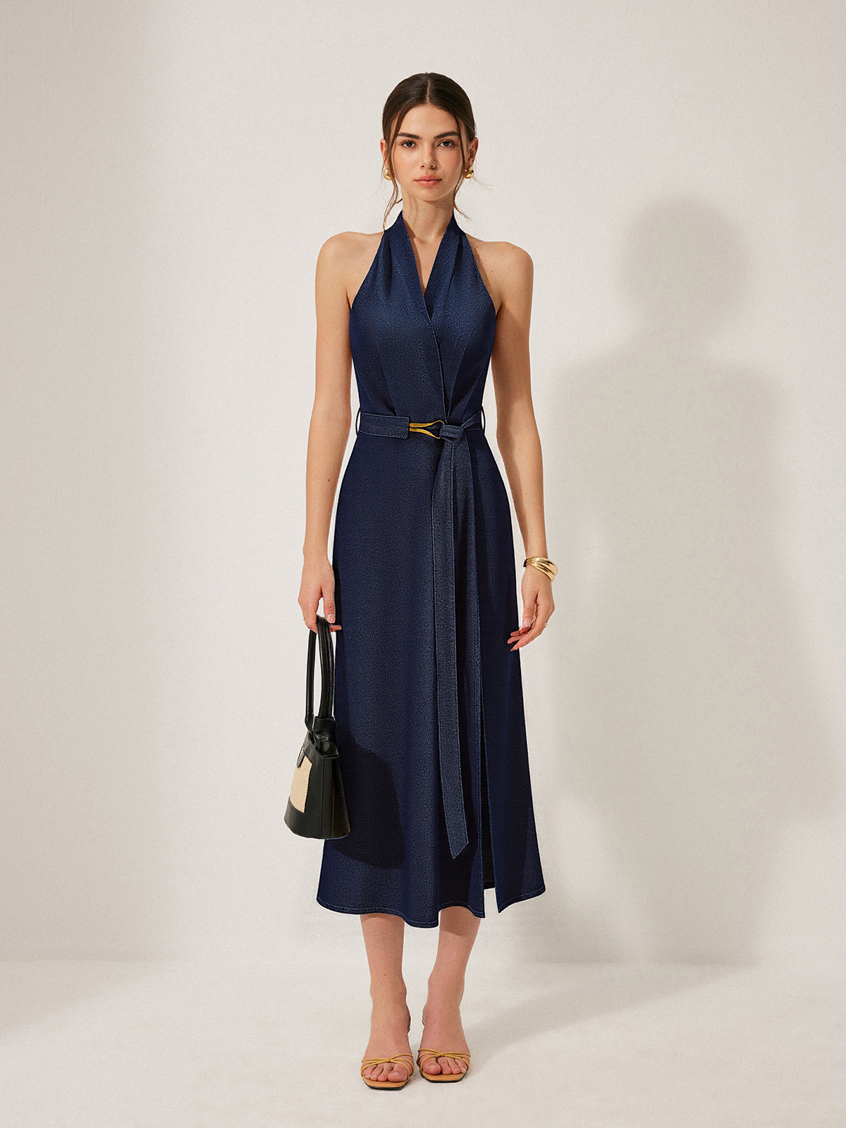 Denim Belted Halter Neck Midi Dress-Chicvia