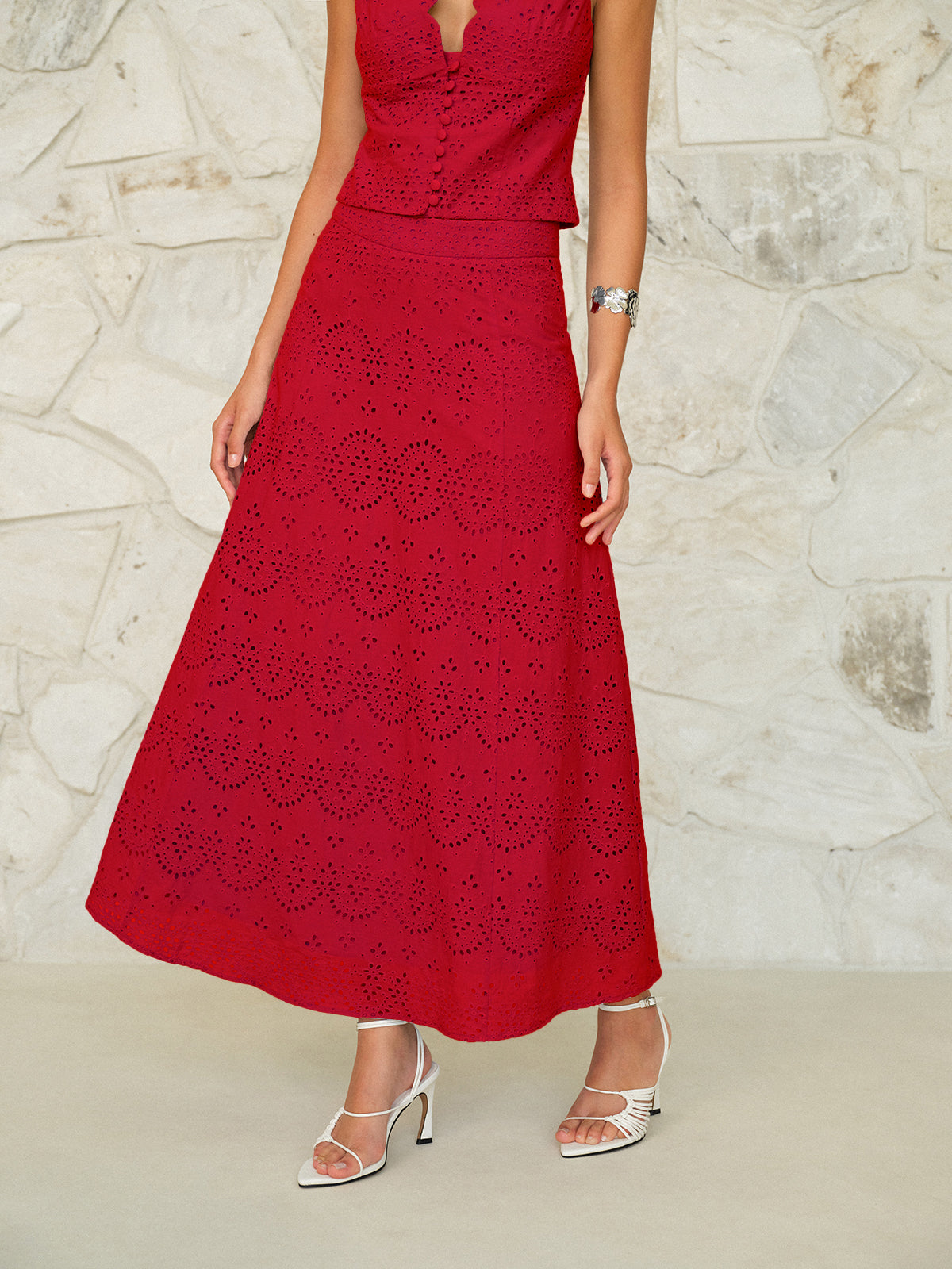 Eyelet Pattern Maxi Skirt-Chicvia